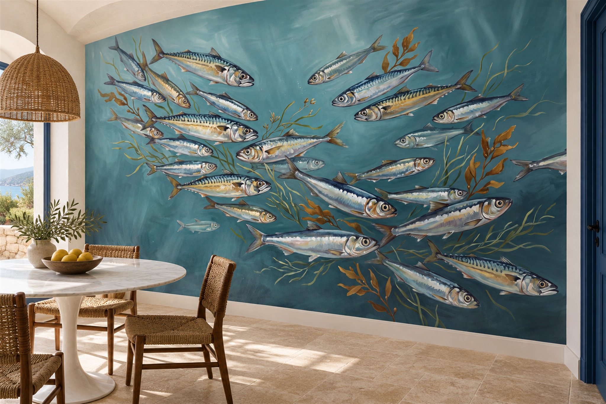 Teal Fish Illustrated Wallpaper Mural Dining-room-wallpaper-murals, Peel-and-stick Finish