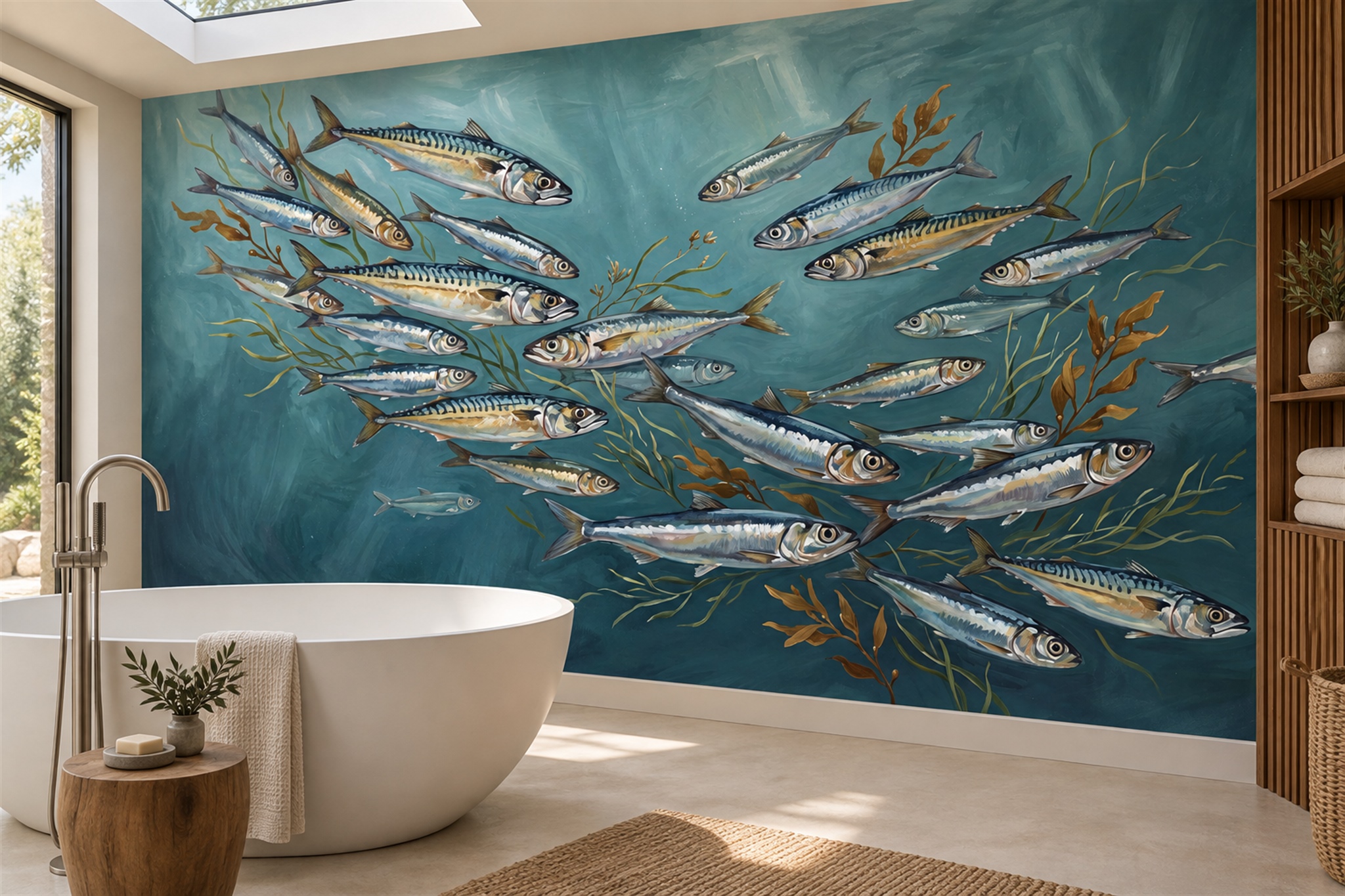 Teal Fish Illustrated Wallpaper Mural Dining-room-wallpaper-murals, Peel-and-stick Finish