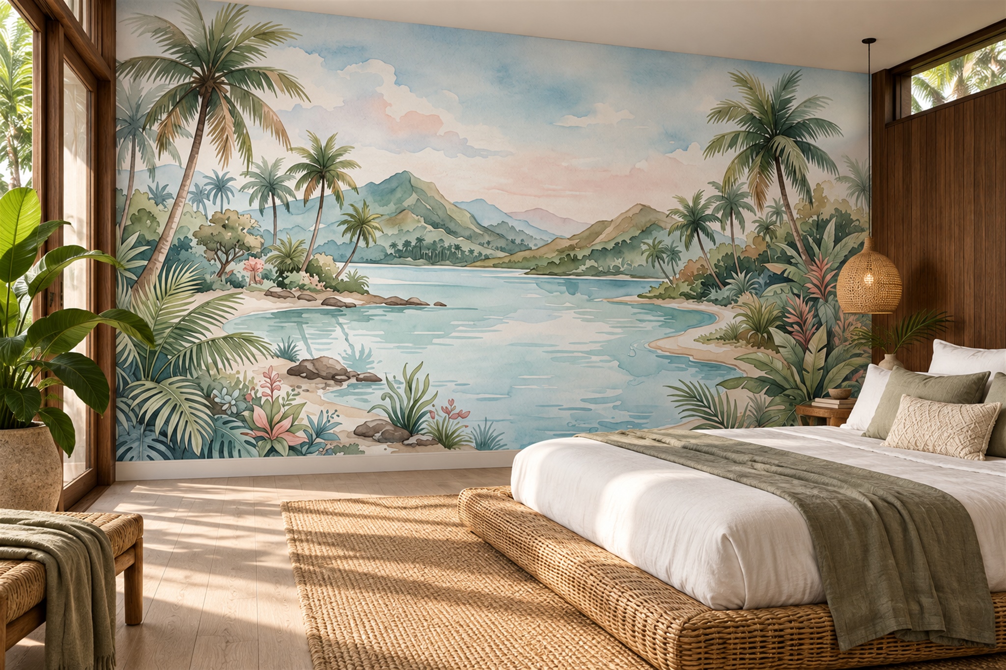 Watercolour Tropical Island Lagoon Wallpaper Mural — Installed Wallpaper Mural In A Bedroom, Peel-and-stick Finish