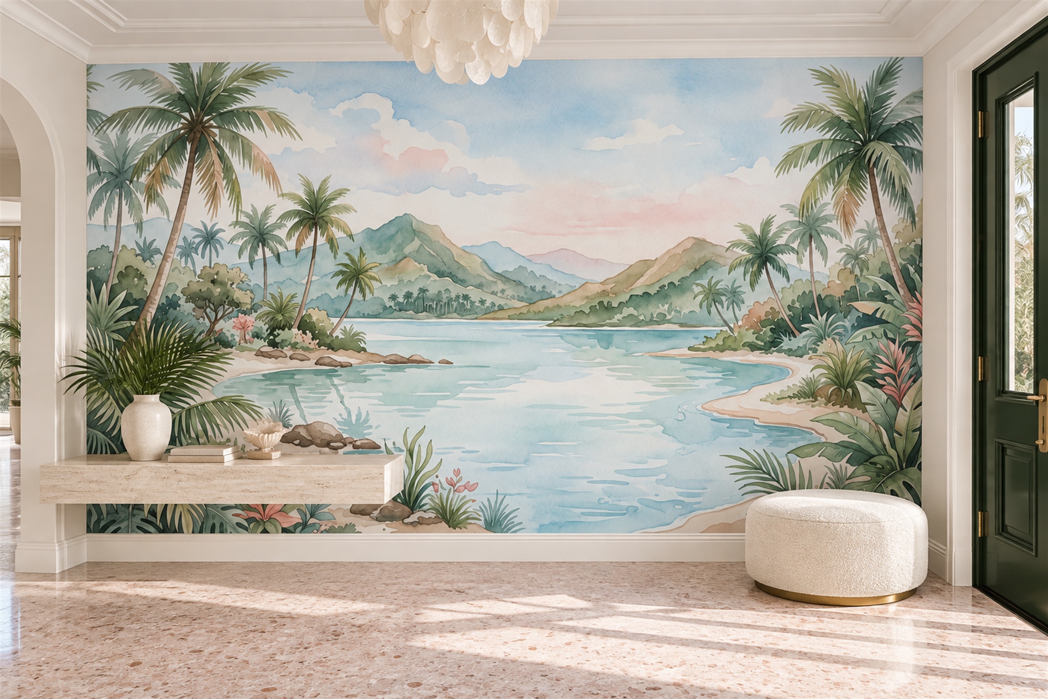 Aqua Pattern Decorative Wallpaper Mural Layered Entryway-wallpaper-murals, Peel-and-stick Finish