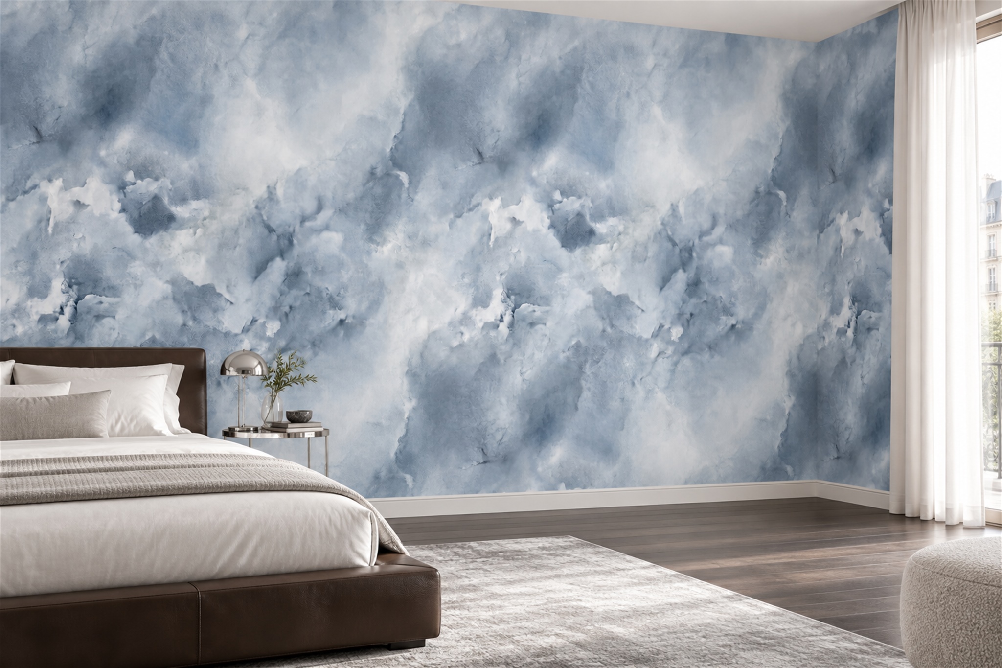 Blue Clouds Artful Wallpaper Mural Layered Forms Wallpaper Mural Bedroom-wallpaper-murals, Peel-and-stick Finish