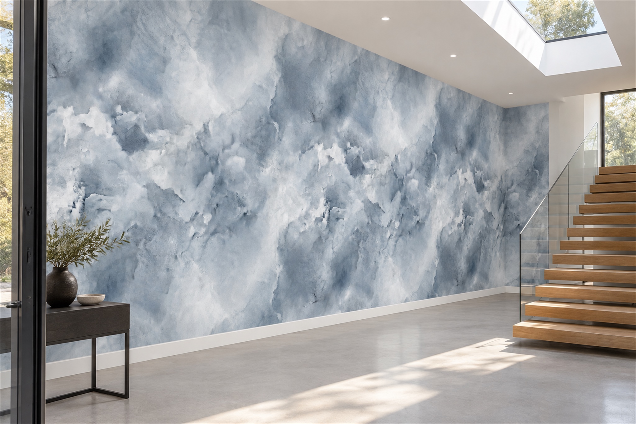 Blue Clouds Artful Wallpaper Mural Layered Forms Wallpaper Mural Hallway-wallpaper-murals, Peel-and-stick Finish