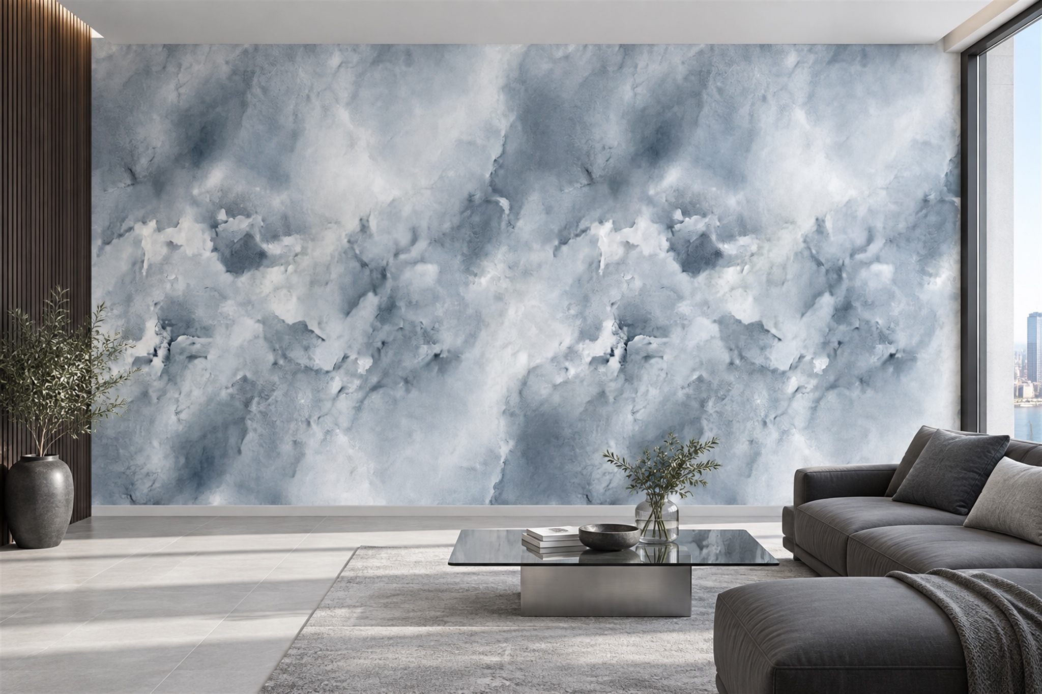 Blue Clouds Artful Wallpaper Mural Layered Forms Wallpaper Mural Hallway-wallpaper-murals, Peel-and-stick Finish