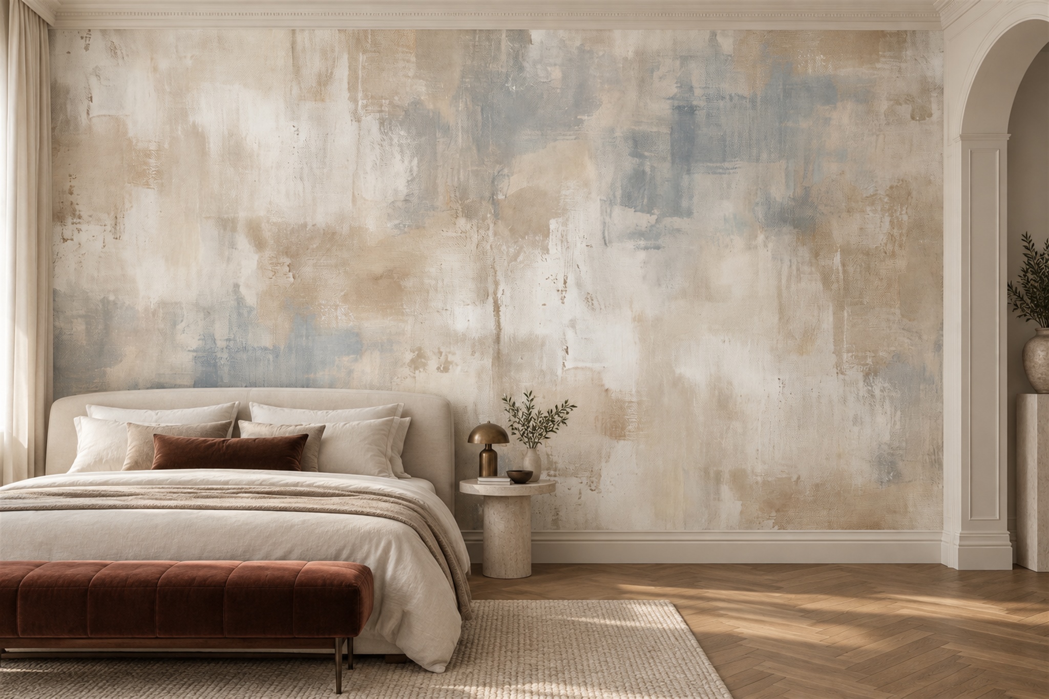 Beige Textured Artful Wallpaper Mural Bedroom-wallpaper-murals, Peel-and-stick Finish
