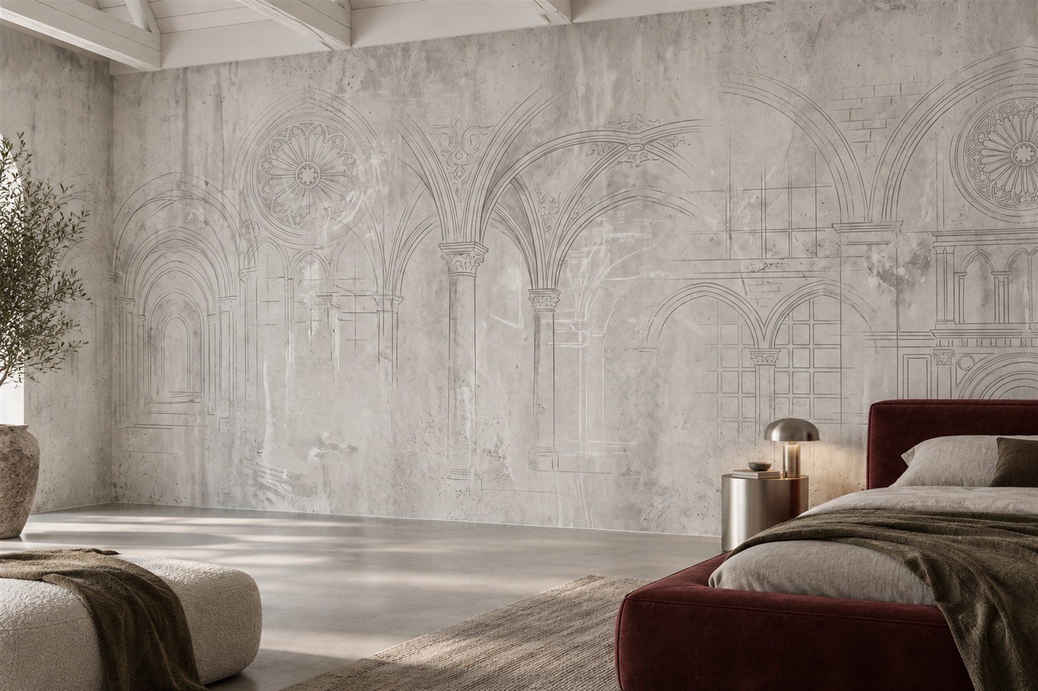 Weathered Gothic Arches In Grey Stone Wallpaper Mural — Installed Wallpaper Mural In A Bedroom, Peel-and-stick Finish