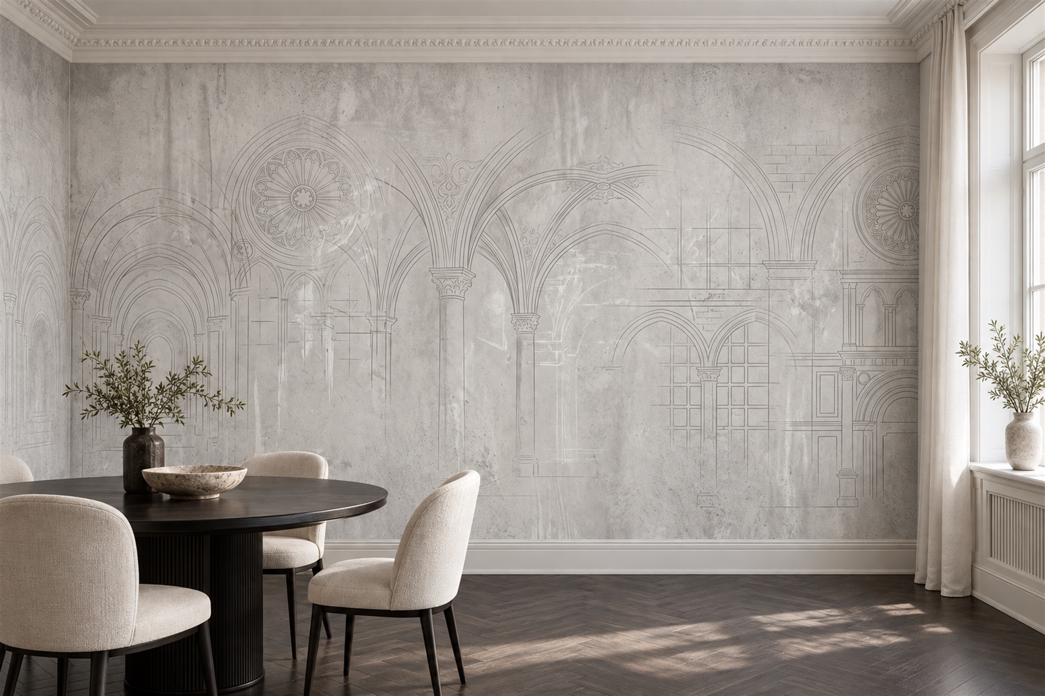 Grey Arched Abstract Decorative Wallpaper Mural Dining-room-wallpaper-murals, Shown In A Dining Room, Peel-and-stick Finish