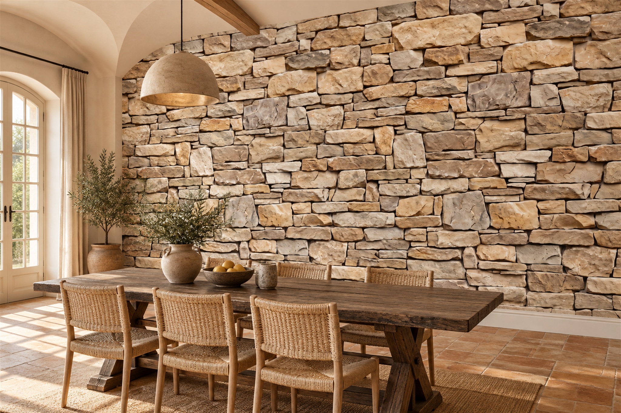 Beige Stone Decorative Wallpaper Mural Dining-room-wallpaper-murals, Shown In A Dining Room, Peel-and-stick Finish