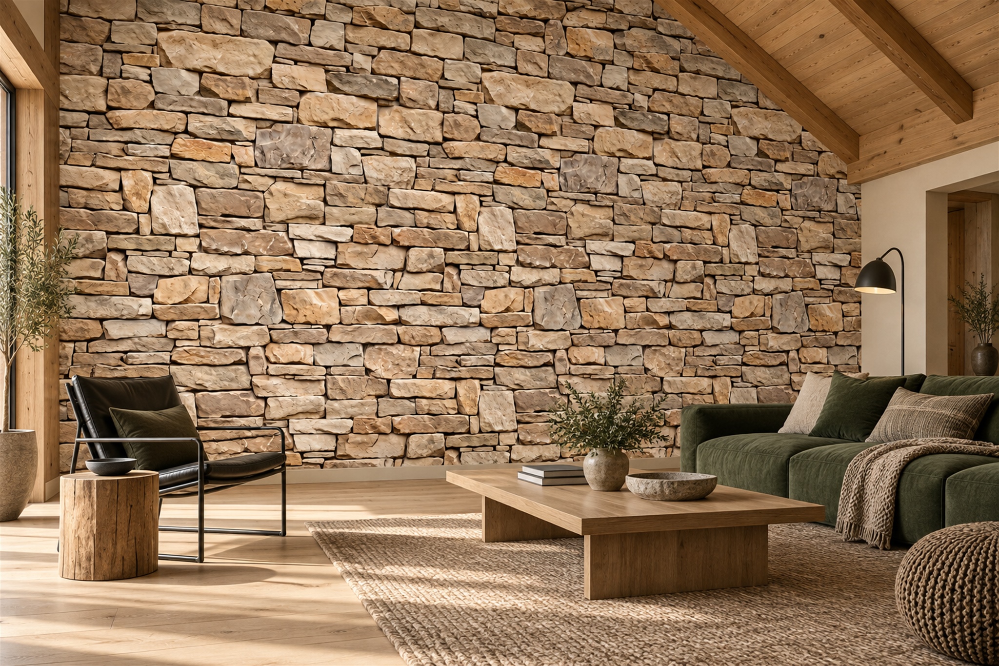 Warm Beige Stacked Stone Wall Wallpaper Mural — Wallpaper Mural Design, Peel-and-stick Finish