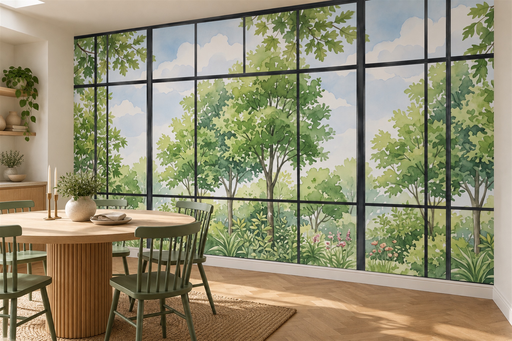 Green Garden Scenic Layered Wallpaper Mural Dining-room-wallpaper-murals, Shown In A Dining Room, Peel-and-stick Finish