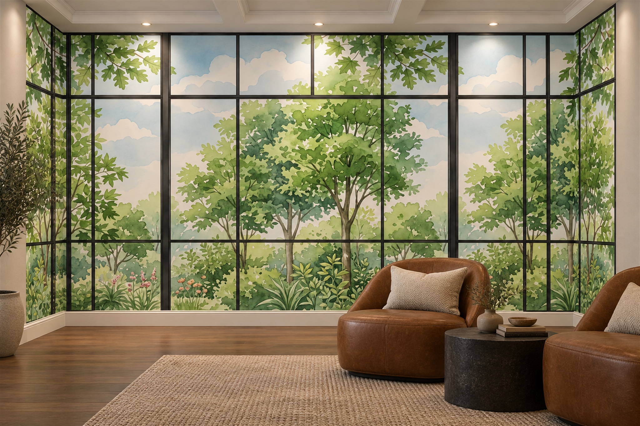 Watercolour Garden Viewed Through Black Window Frames Wallpaper Mural — Wallpaper Mural Design, Peel-and-stick Finish