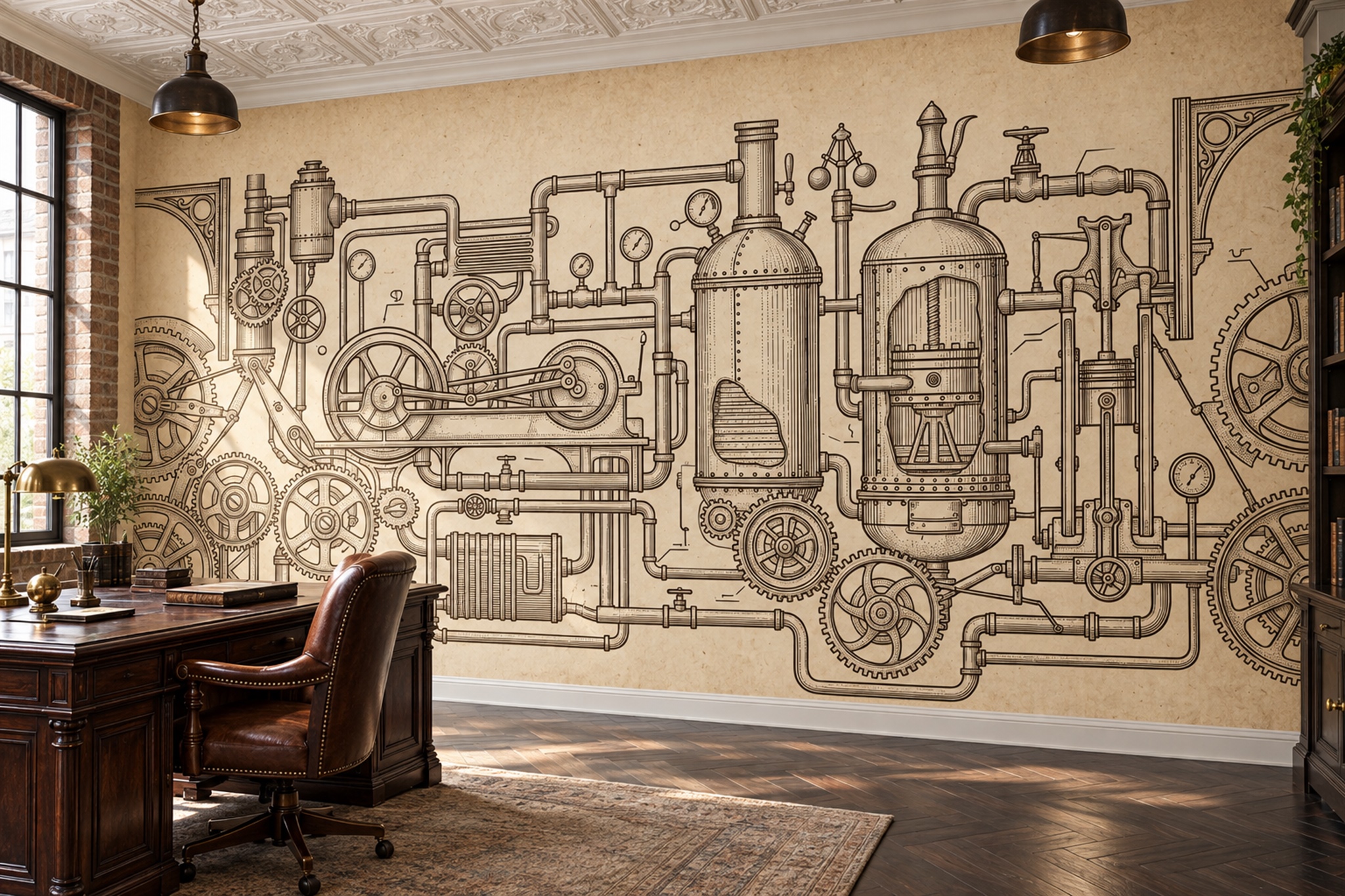 Vintage Mechanical Engine Diagram Wallpaper Mural — Wallpaper Mural Design, Peel-and-stick Finish