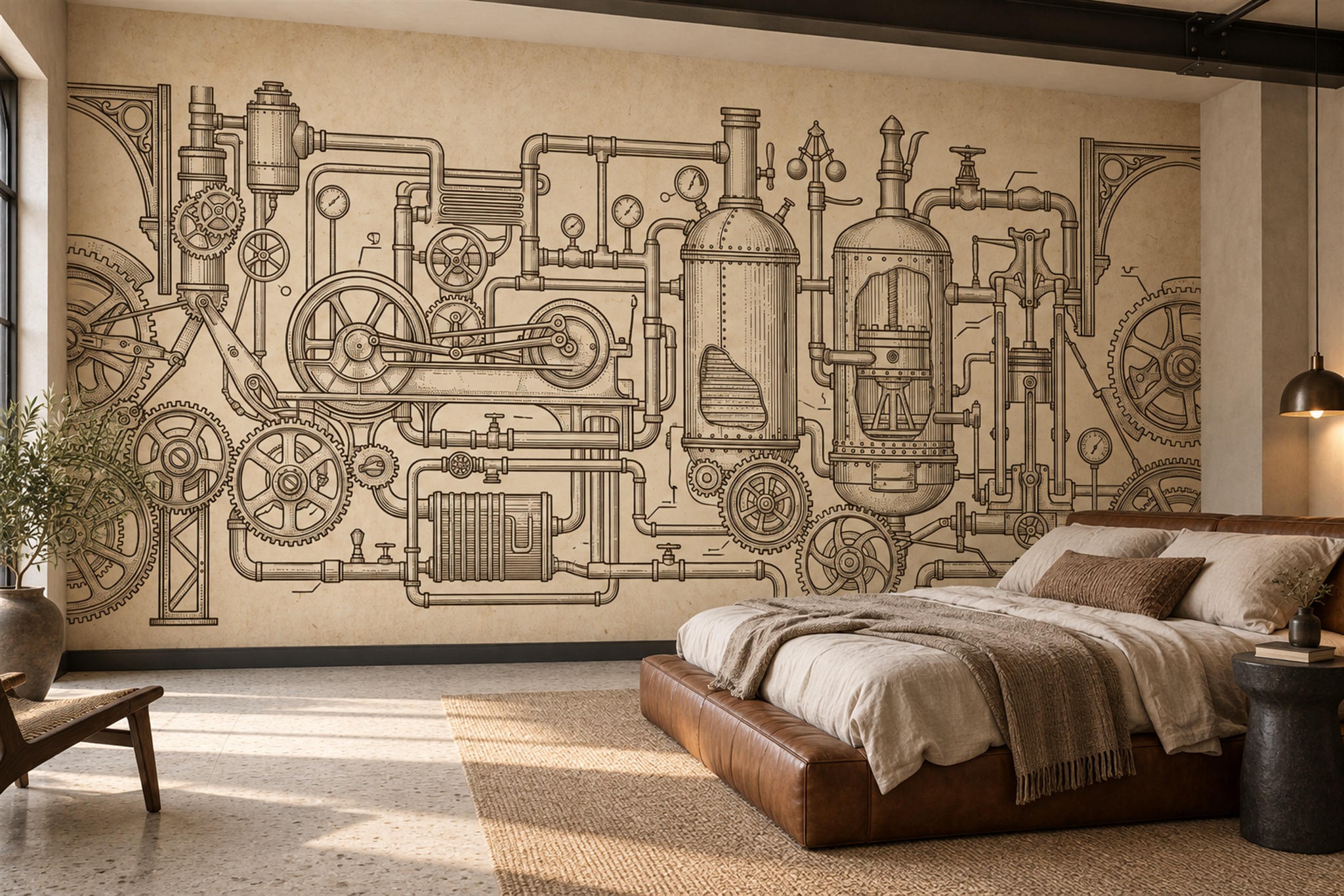 Beige Pattern Decorative Wallpaper Mural Layered Illustrated Wallpaper Bedroom-wallpaper-murals, Peel-and-stick Finish
