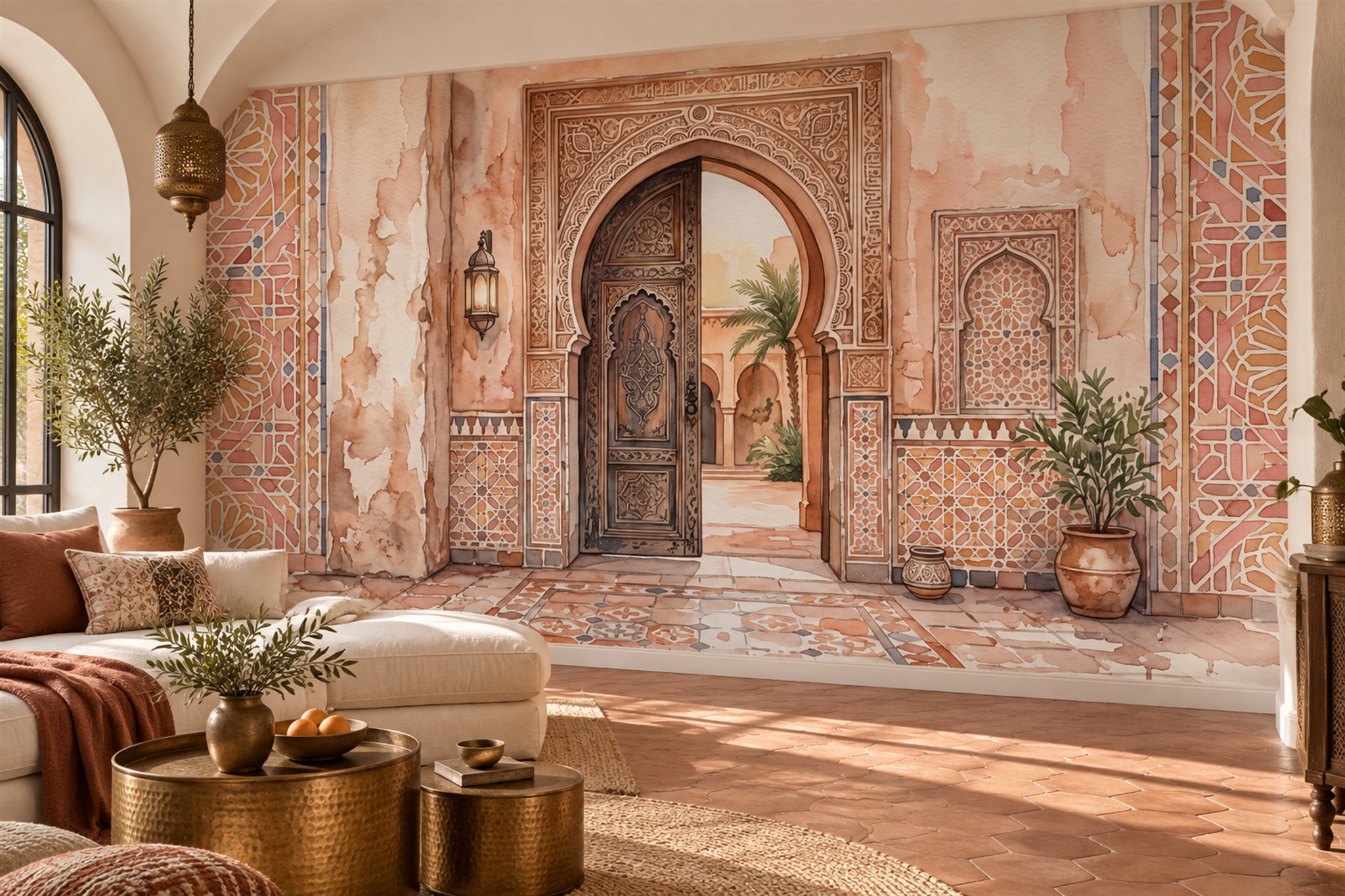 Moroccan Arched Doorway With Geometric Tiles Wallpaper Mural — Wallpaper Mural Design, Peel-and-stick Finish