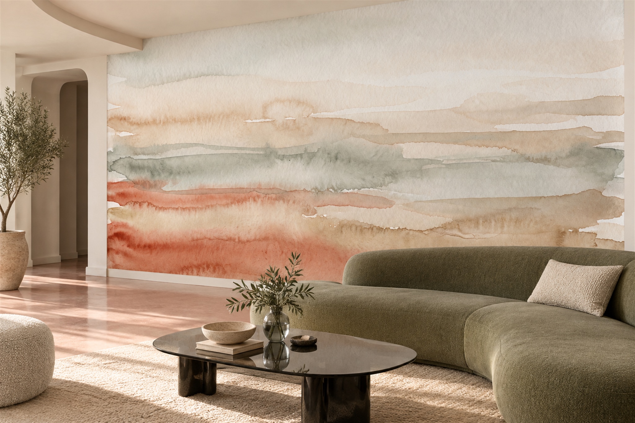 Rust Peach And Sage Watercolour Horizon Wallpaper Mural — Wallpaper Mural Design, Peel-and-stick Finish