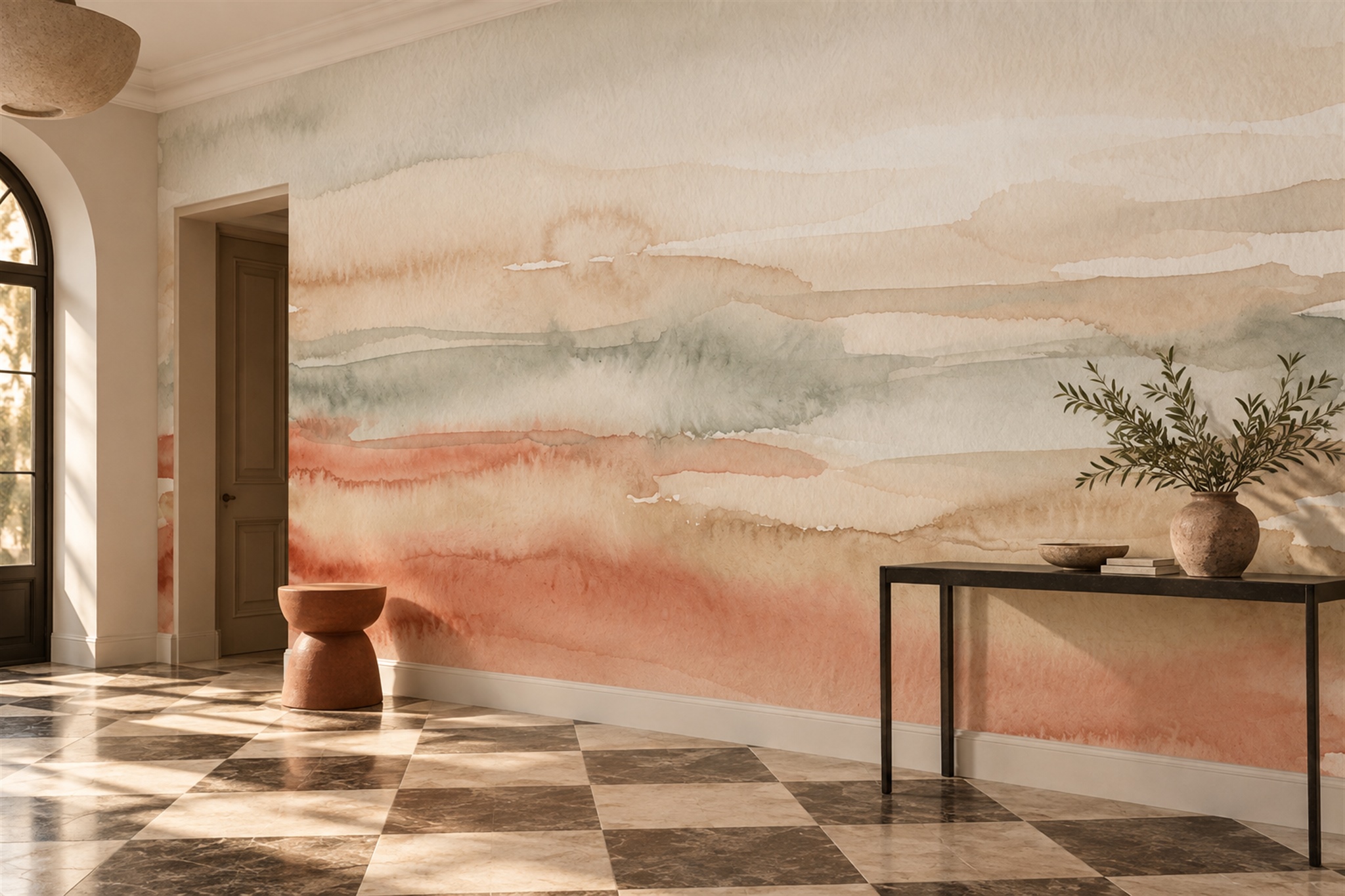 Rust Watercolour Artful Wallpaper Mural Living-room-wallpaper-murals, Peel-and-stick Finish