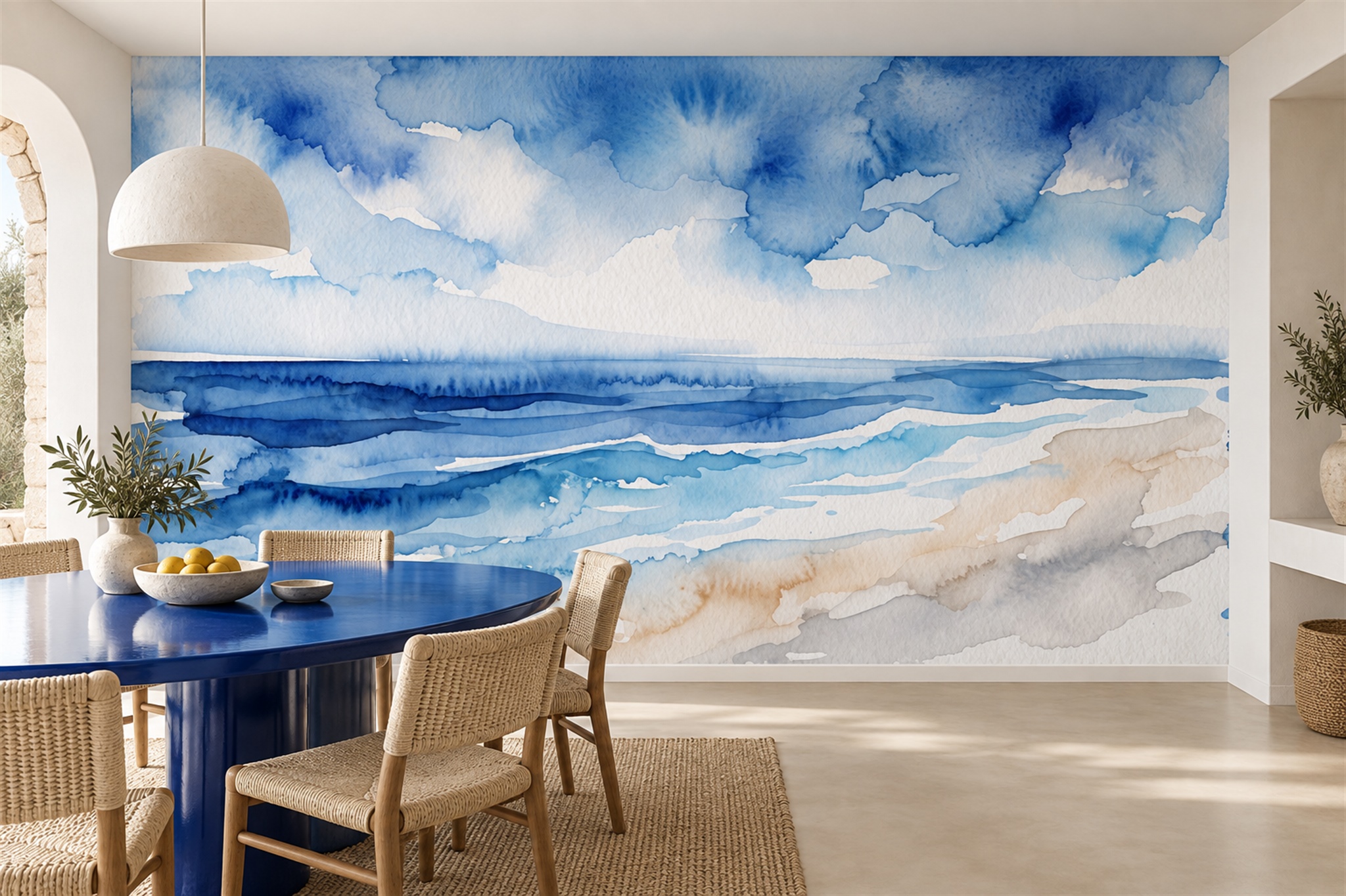 Blue Beach Scenic Painterly Wallpaper Mural Dining-room-wallpaper-murals, Shown In A Dining Room, Peel-and-stick Finish