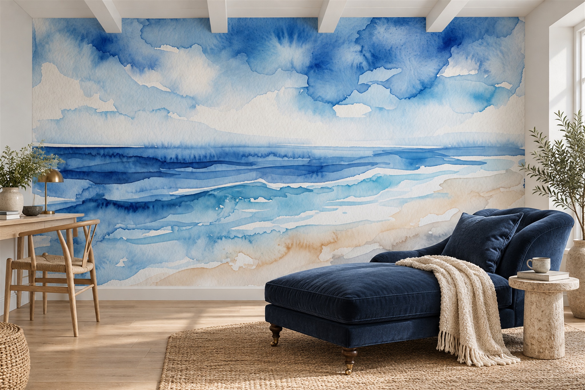 Blue Watercolour Sea And Clouded Sky Wallpaper Mural — Wallpaper Mural Design, Peel-and-stick Finish