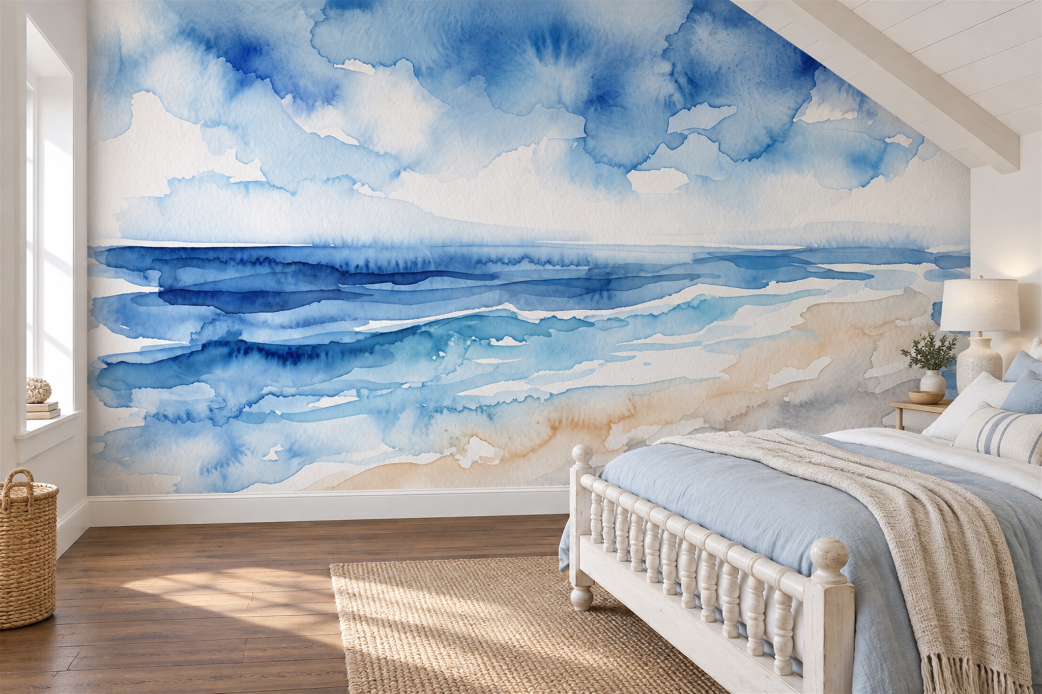 Blue Beach Scenic Painterly Wallpaper Mural Accent-wall-wallpaper-murals, Peel-and-stick Finish