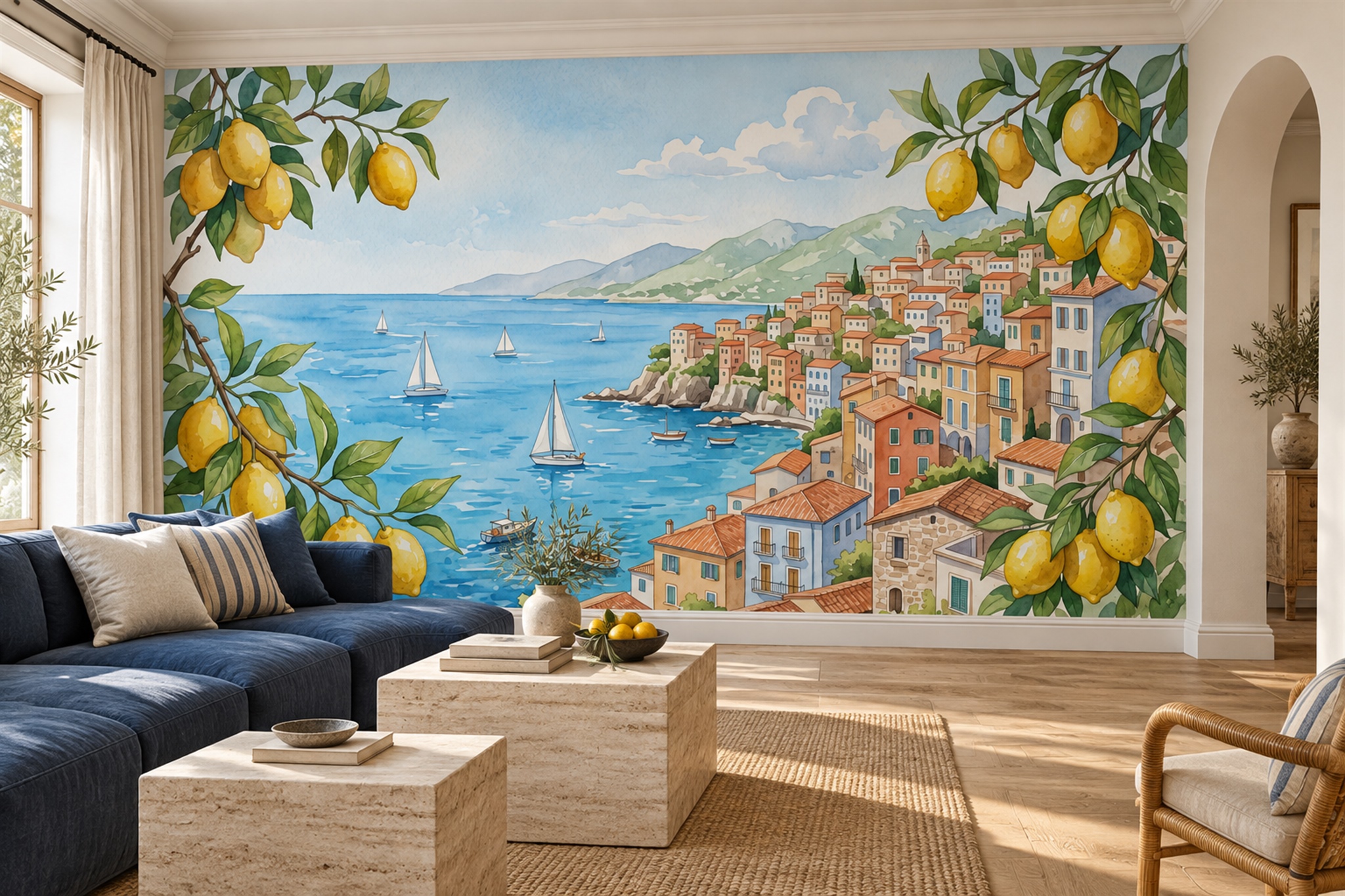 Blue Coastal Scenic Organic Wallpaper Mural Living-room-wallpaper-murals, Shown In A Living Room, Peel-and-stick Finish