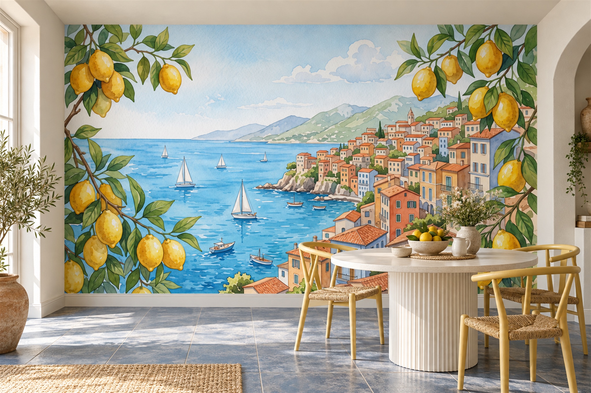 Blue Coastal Scenic Organic Wallpaper Mural Dining-room-wallpaper-murals, Shown In A Dining Room, Peel-and-stick Finish
