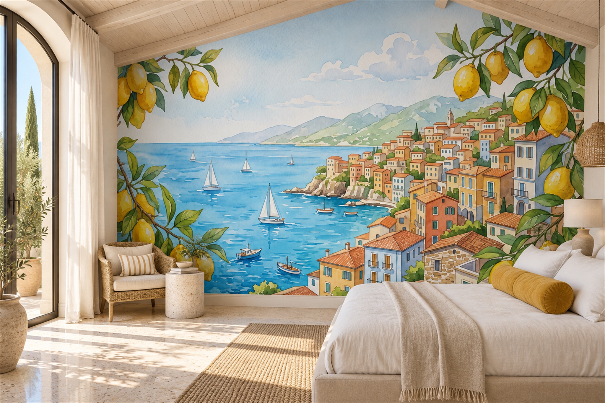 Lemon Grove Coastal Village Wallpaper Mural — Installed Wallpaper Mural In A Bedroom, Peel-and-stick Finish