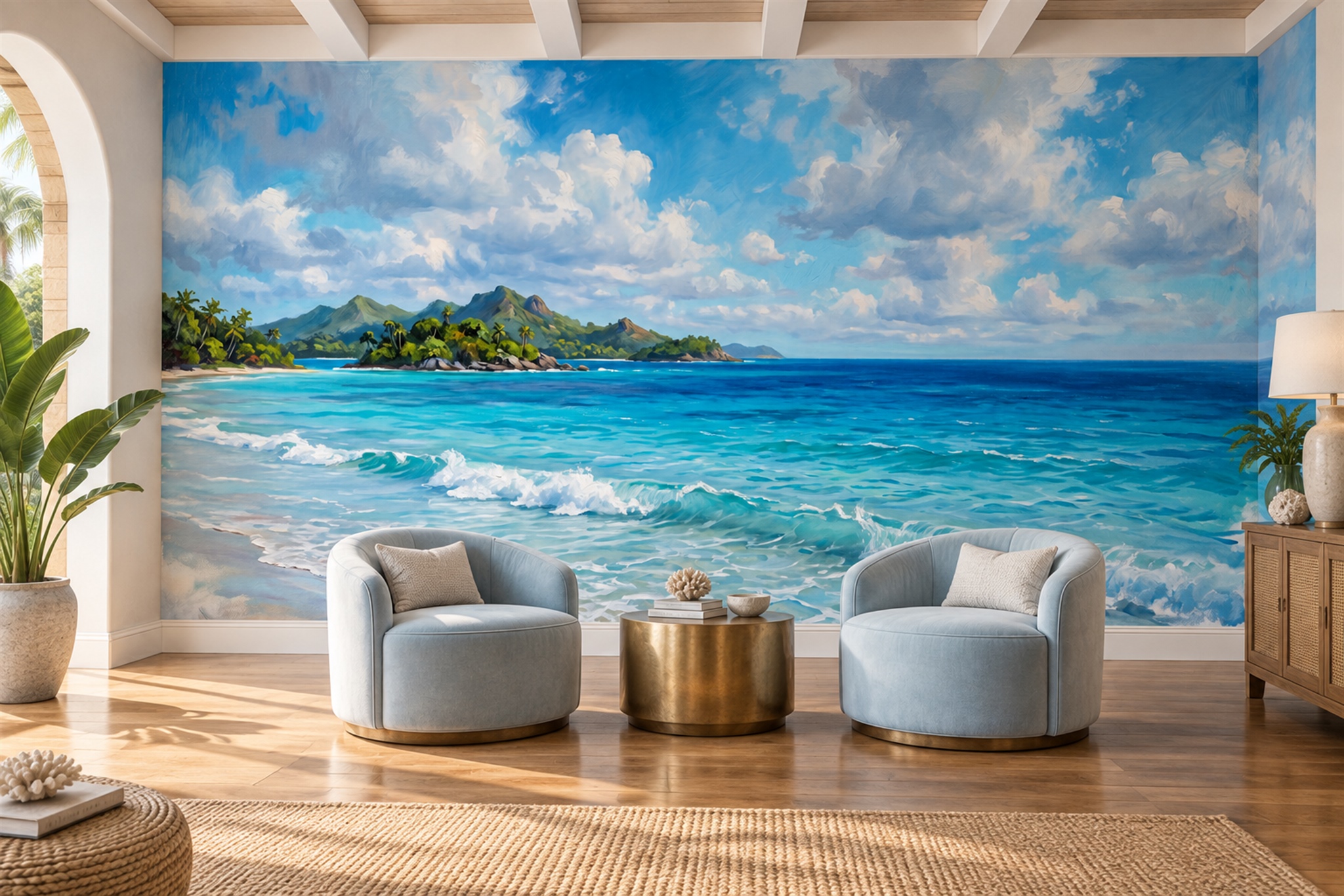 Teal Ocean Scenic Painterly Wallpaper Mural Living-room-wallpaper-murals, Shown In A Living Room, Peel-and-stick Finish