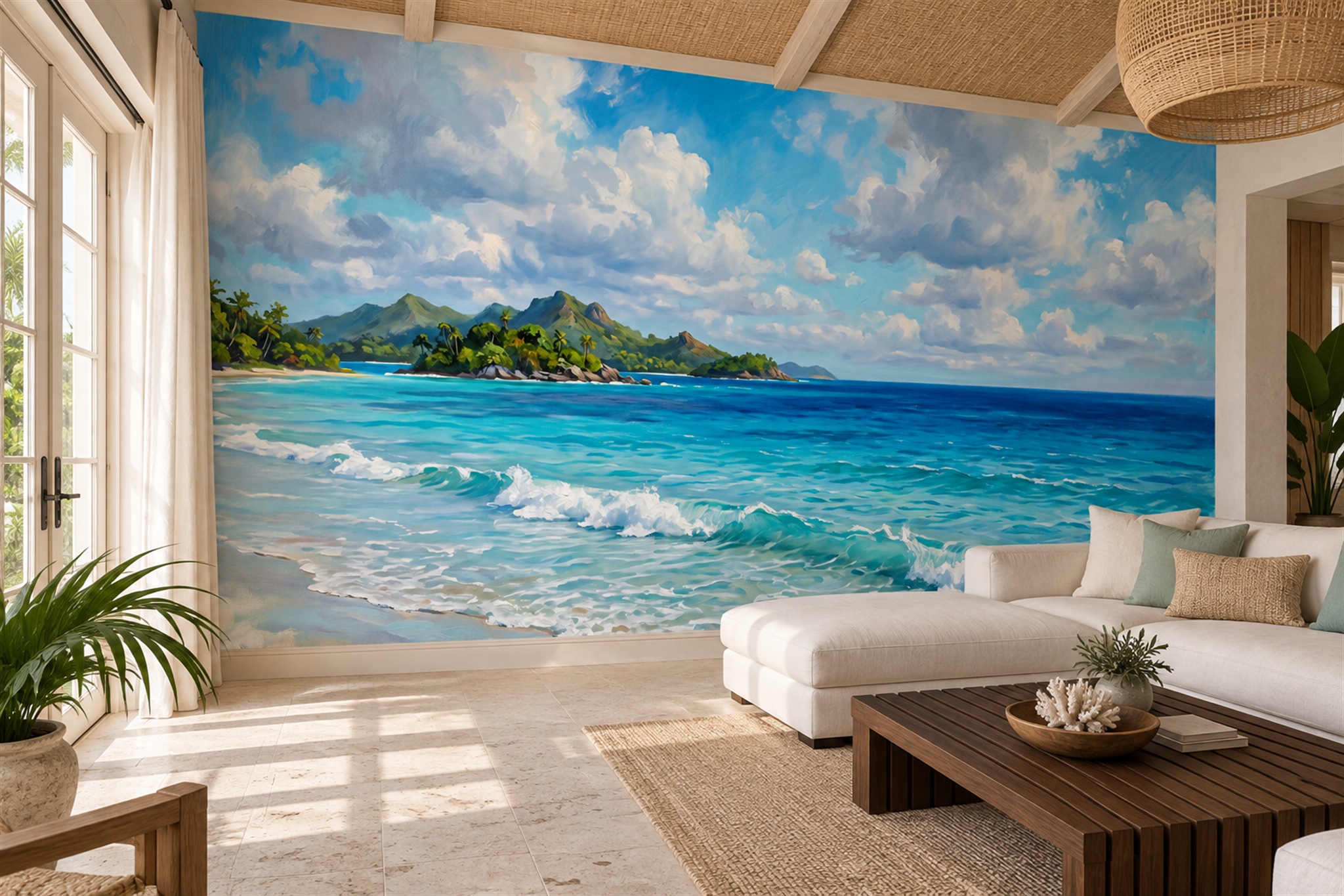Teal Ocean Scenic Painterly Wallpaper Mural Living-room-wallpaper-murals, Peel-and-stick Finish