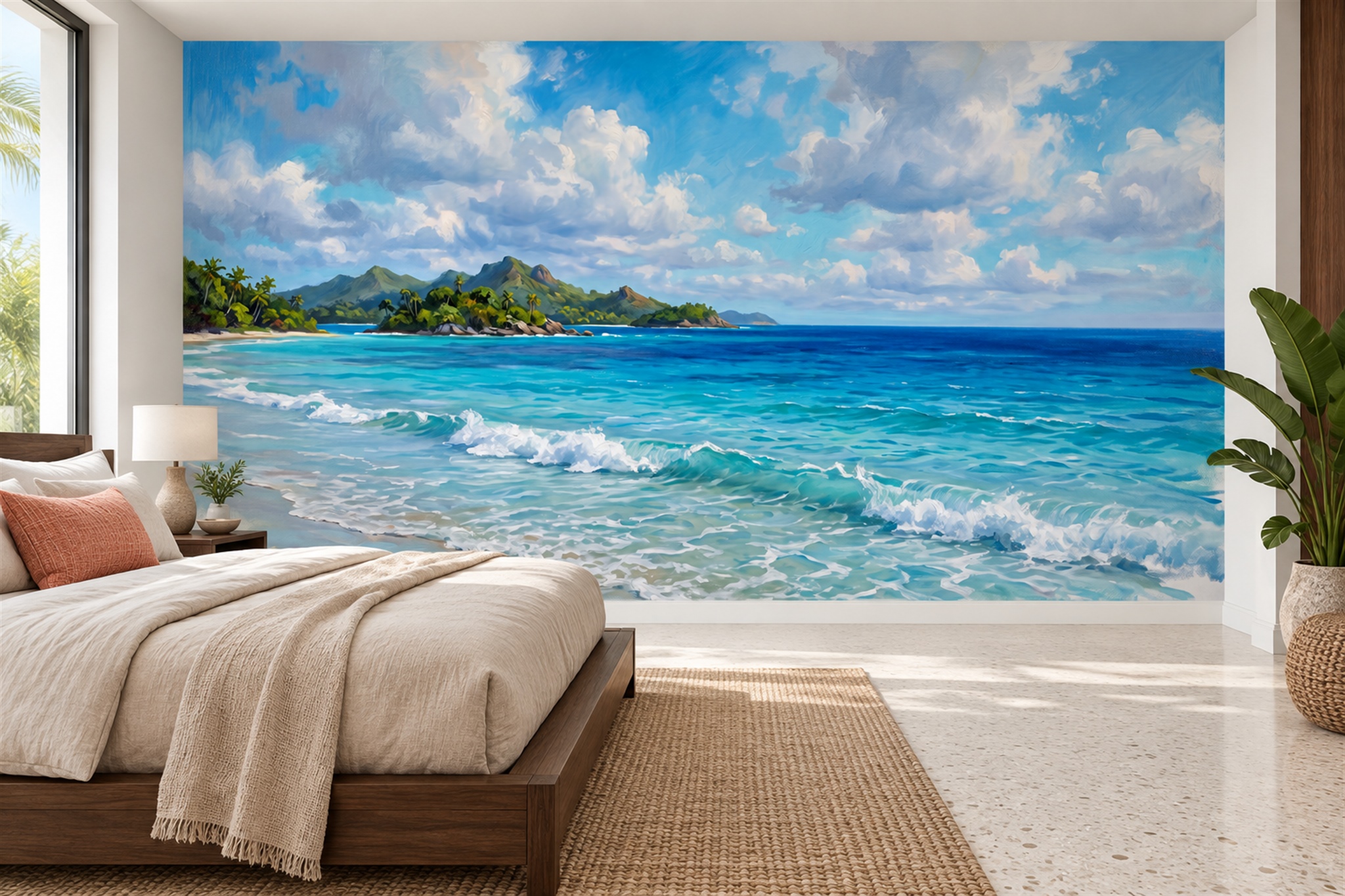 Teal Ocean Scenic Painterly Wallpaper Mural Living-room-wallpaper-murals, Peel-and-stick Finish