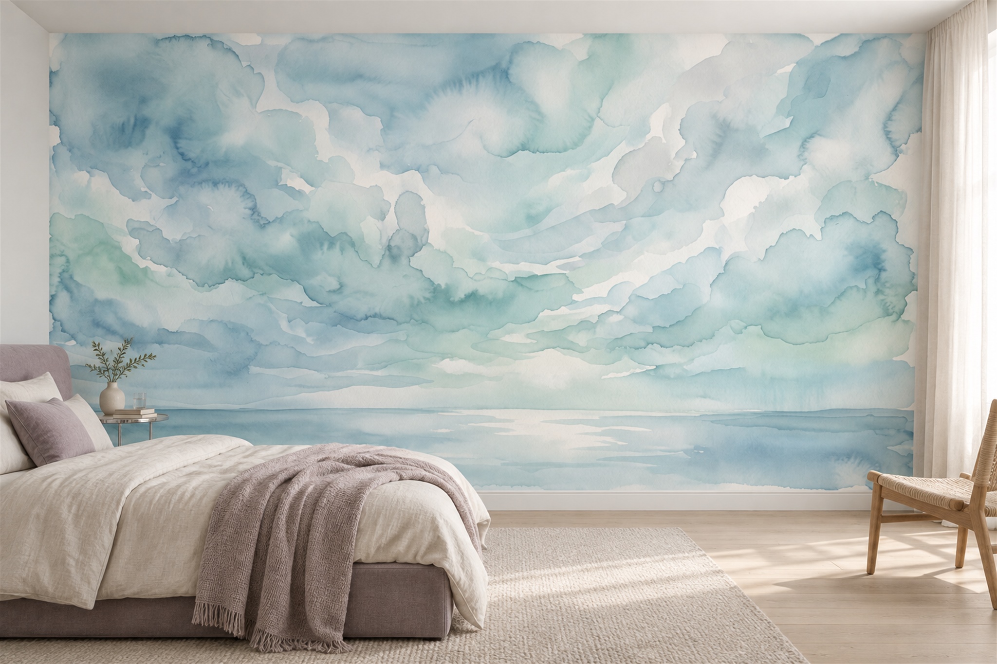 Aqua Clouds Artful Wallpaper Mural Bedroom-wallpaper-murals, Peel-and-stick Finish
