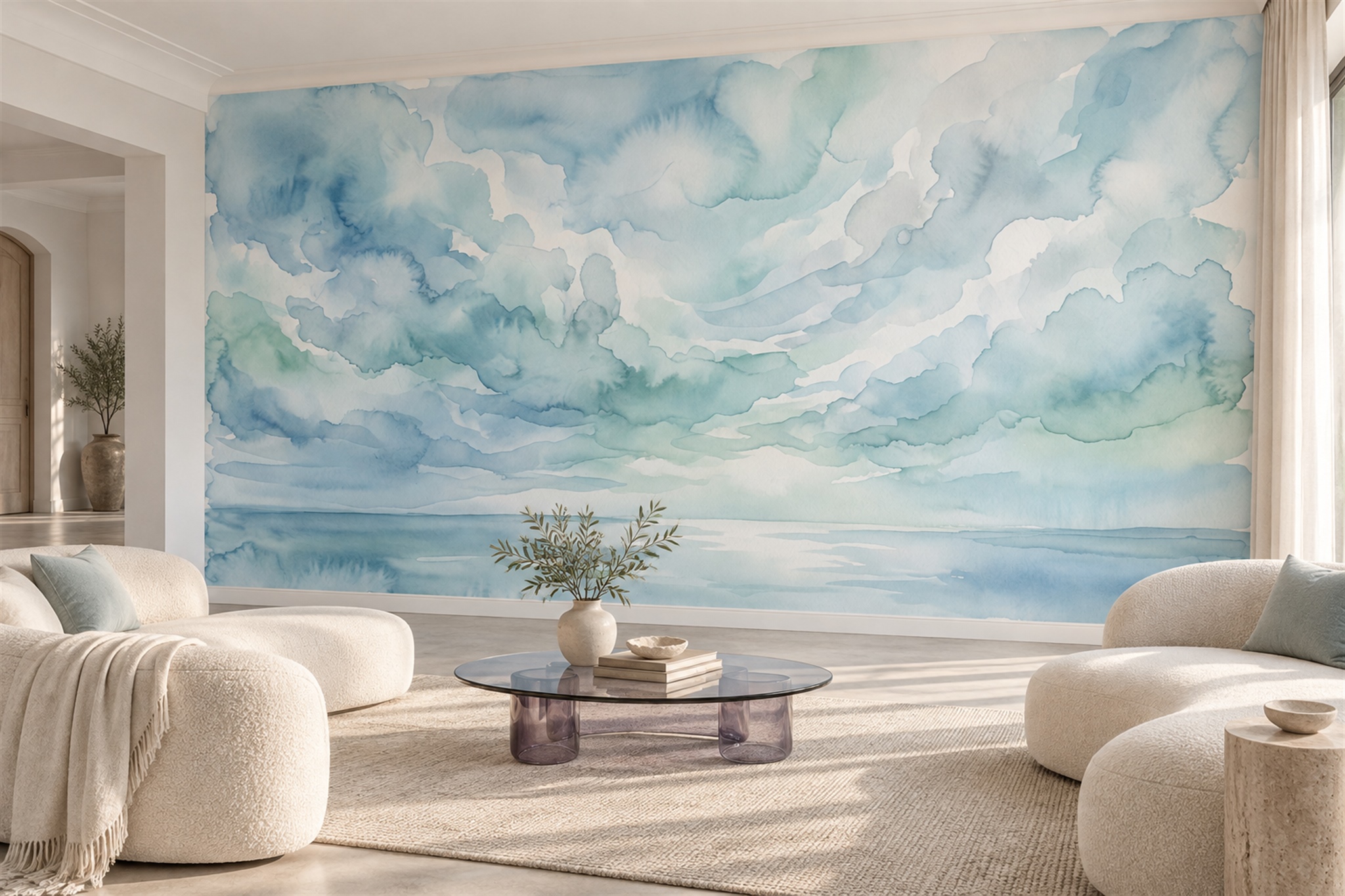Soft Aqua Blue Watercolour Cloud Wallpaper Mural — Wallpaper Mural Design, Peel-and-stick Finish