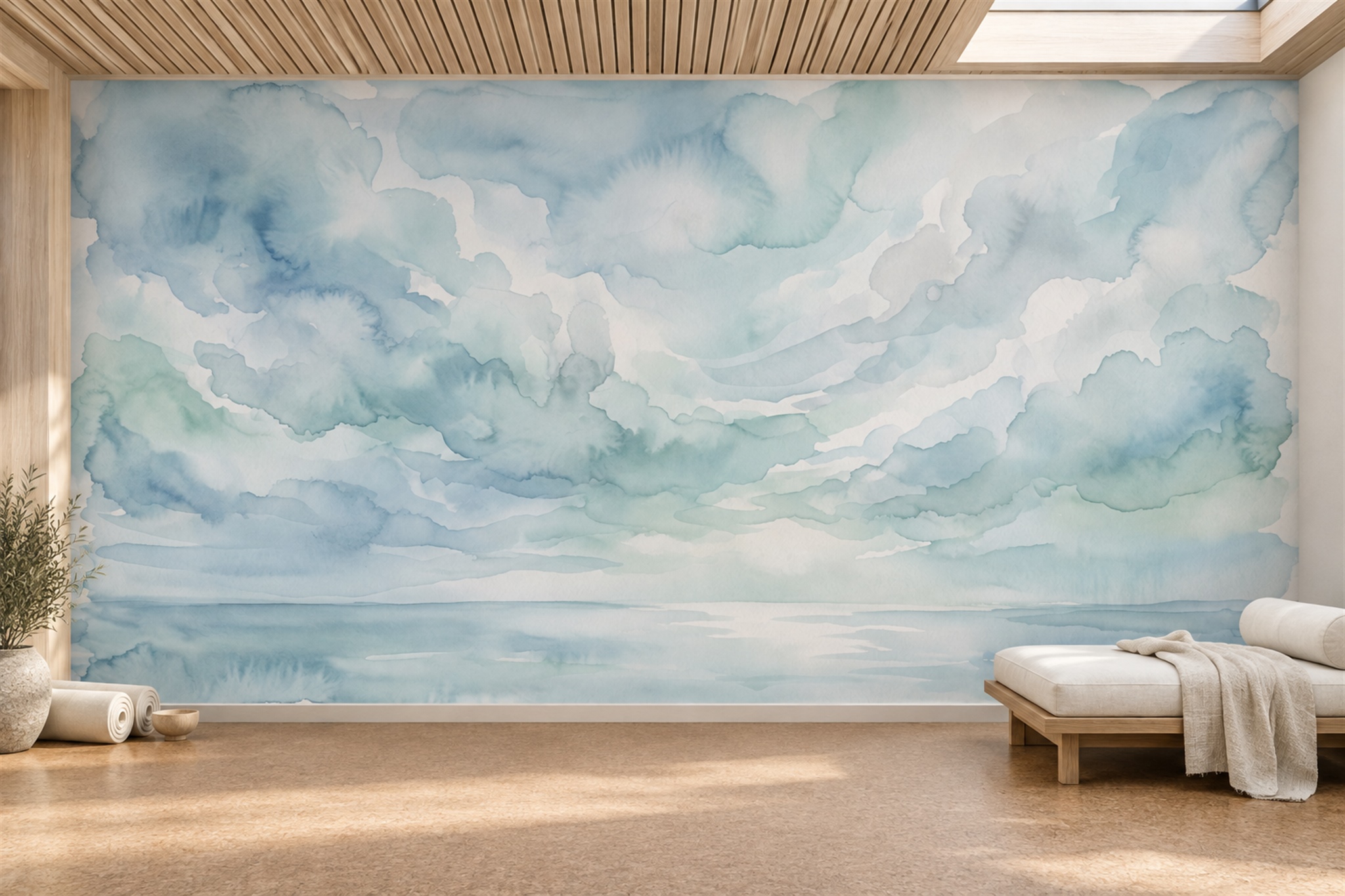 Aqua Clouds Artful Wallpaper Mural, Peel-and-stick Finish