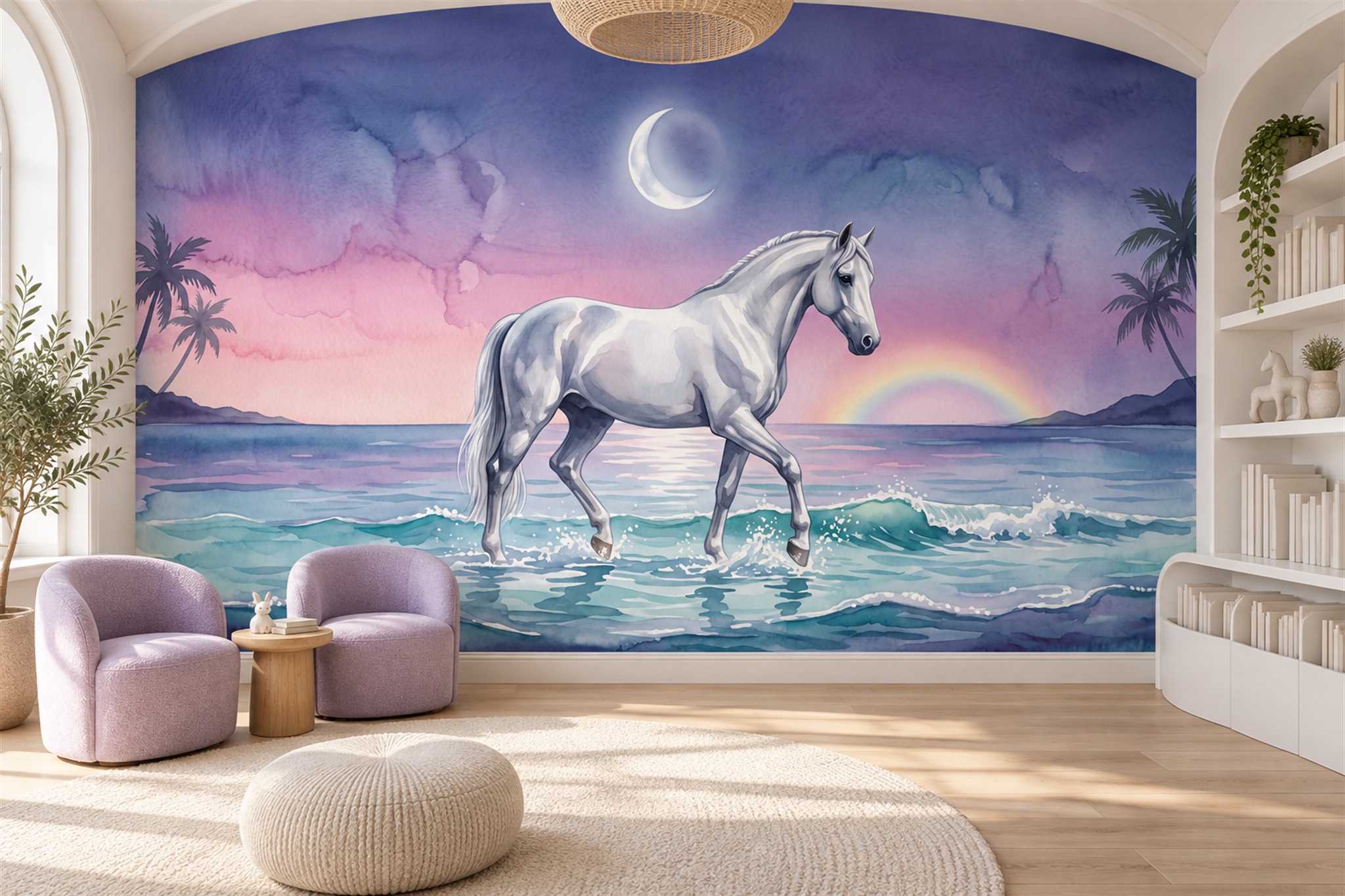 Purple Horse Wallpaper Mural, Shown In A Home Office, Peel-and-stick Finish