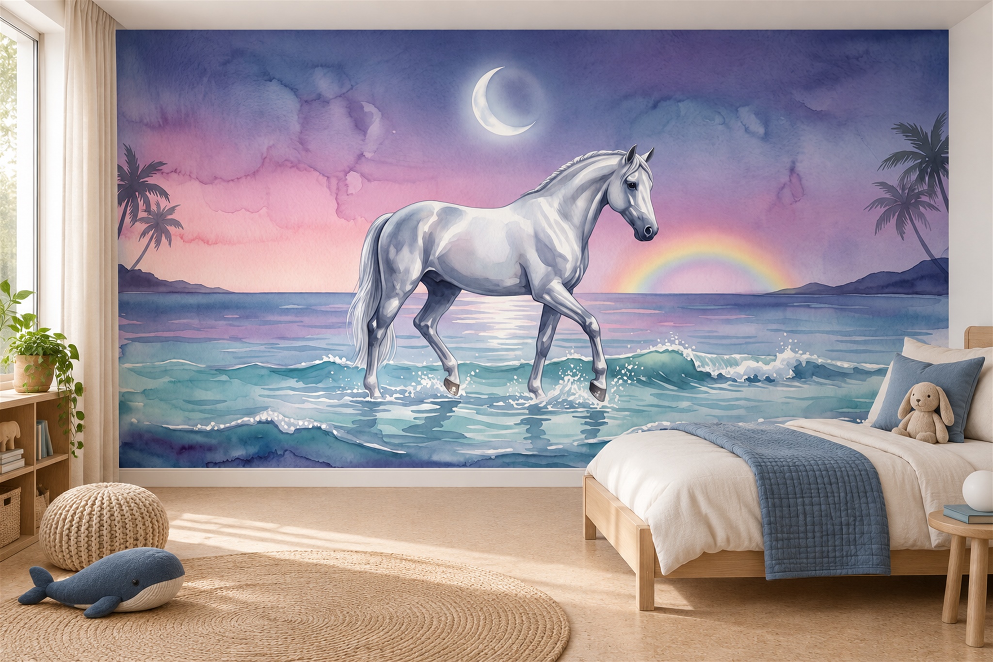 Purple Horse Wallpaper Mural, Shown In A Bedroom, Peel-and-stick Finish