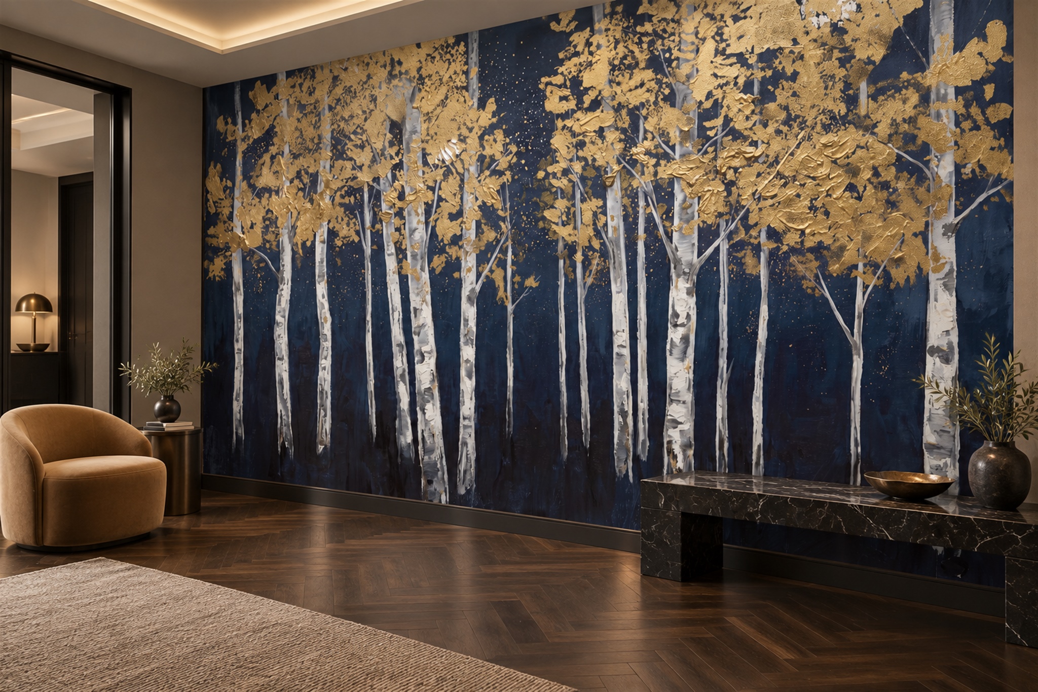 Gold Birch Scenic Decorative Wallpaper Mural Entryway-wallpaper-murals, Peel-and-stick Finish