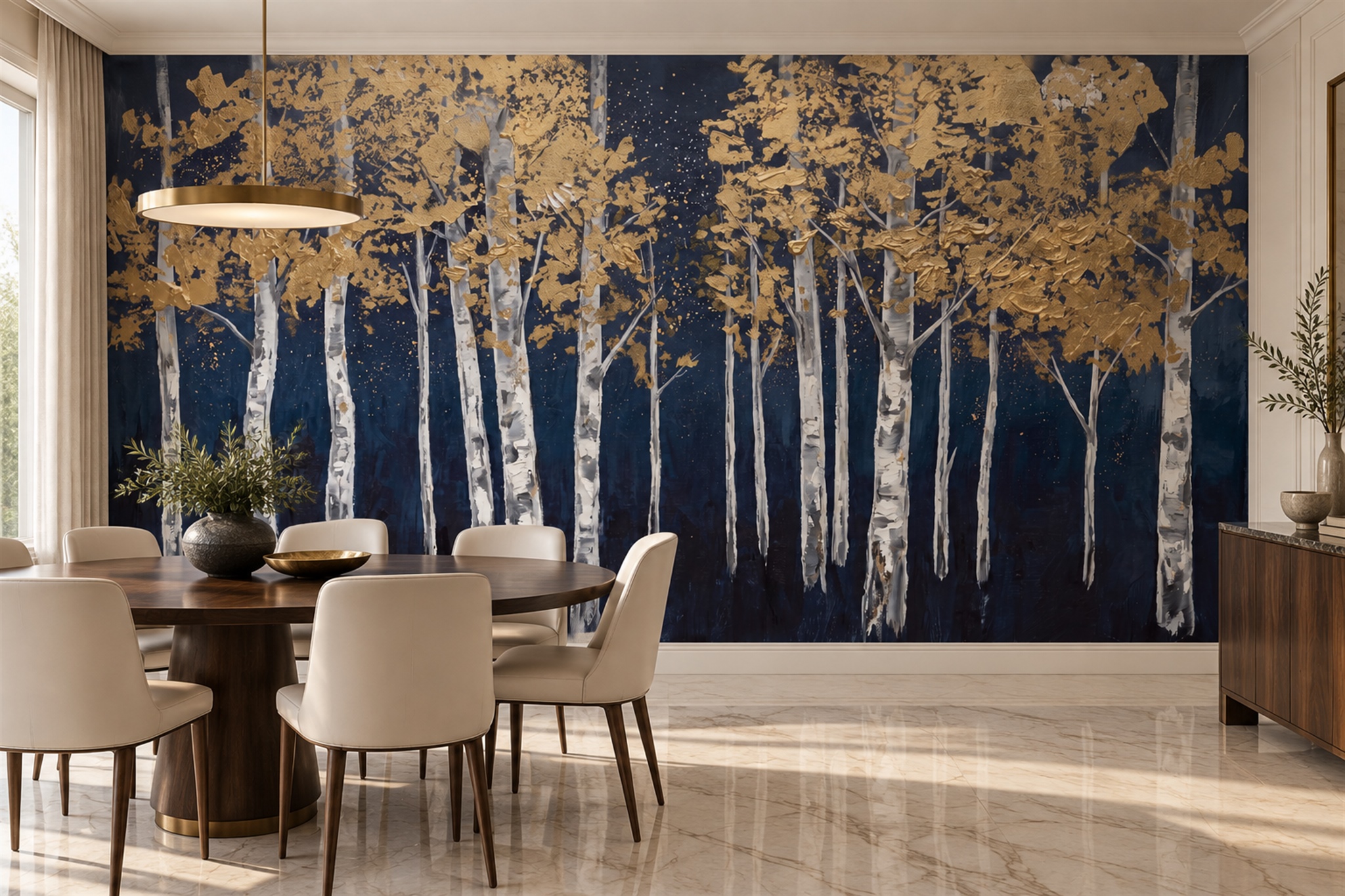 Gold Birch Scenic Decorative Wallpaper Mural Dining-room-wallpaper-murals, Shown In A Dining Room, Peel-and-stick Finish