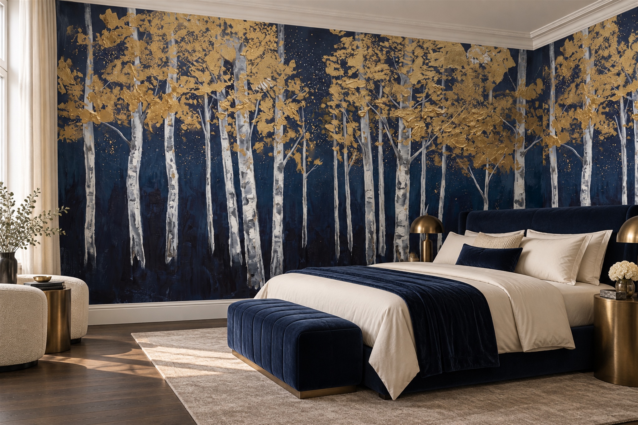 Gold Birch Scenic Decorative Wallpaper Mural Bedroom-wallpaper-murals, Peel-and-stick Finish
