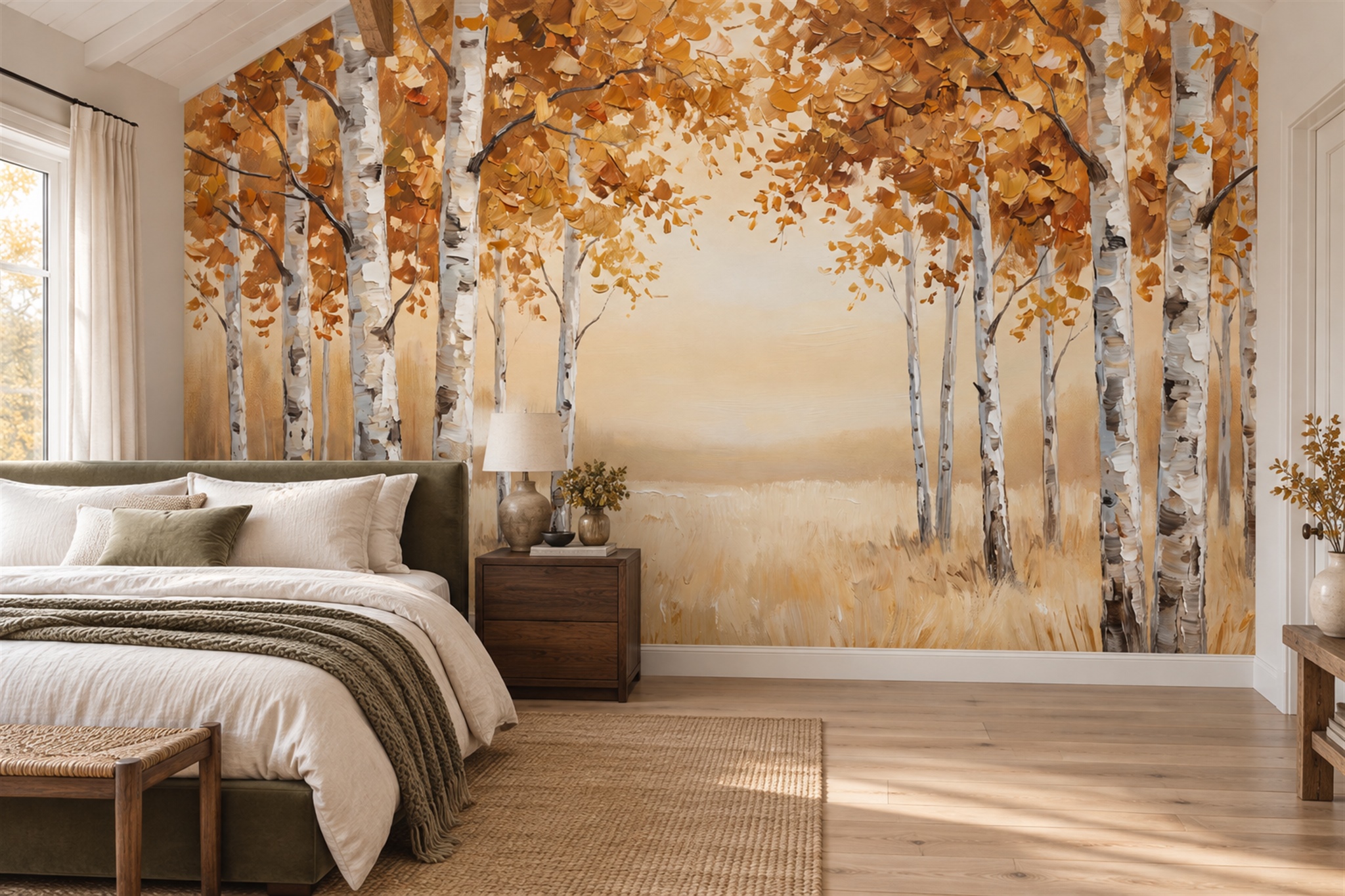 Orange Birch Scenic Wallpaper Mural Bedroom-wallpaper-murals, Peel-and-stick Finish