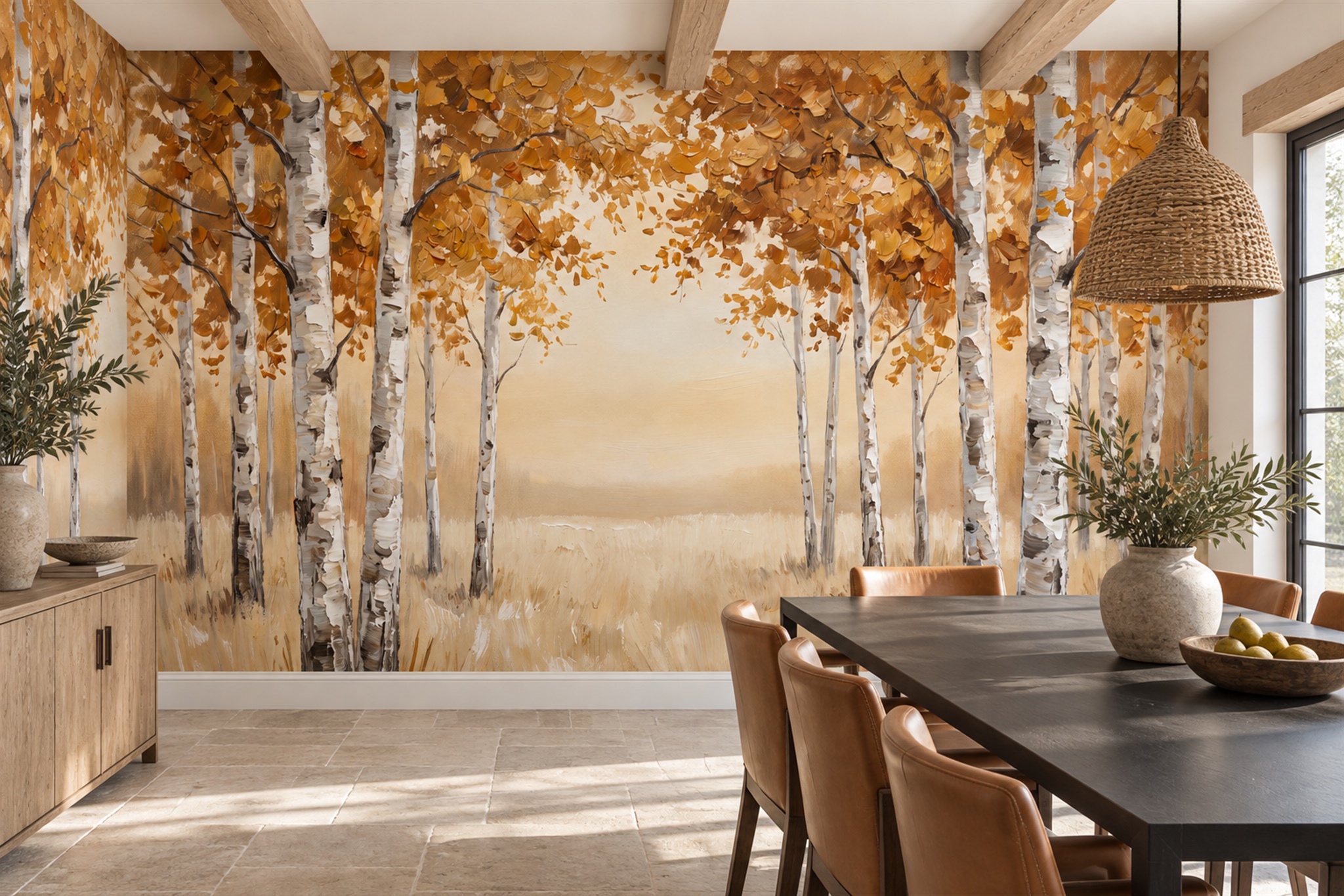 Orange Birch Scenic Wallpaper Mural Dining-room-wallpaper-murals, Shown In A Dining Room, Peel-and-stick Finish
