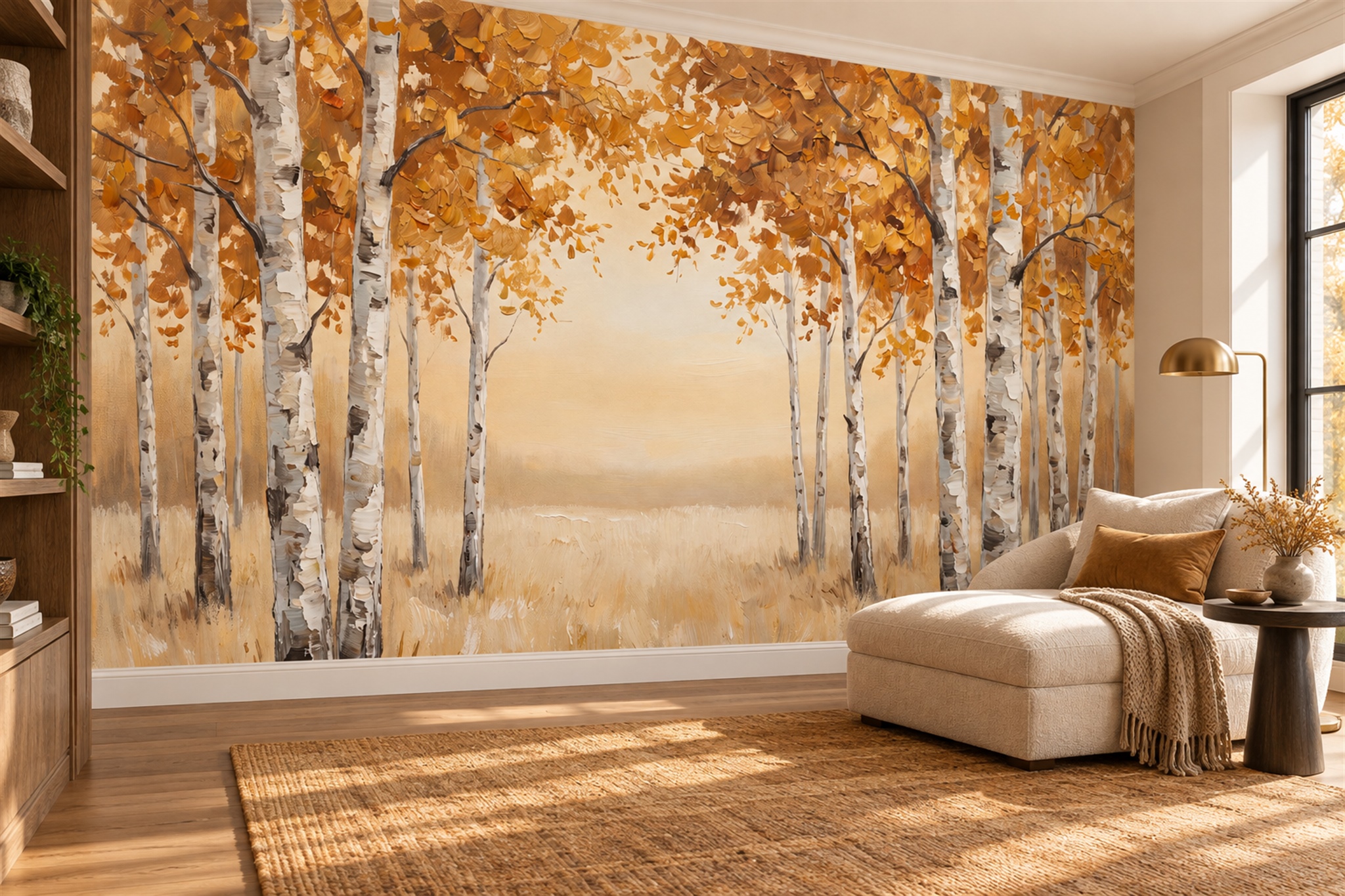 Orange Birch Scenic Wallpaper Mural Accent-wall-wallpaper-murals, Peel-and-stick Finish