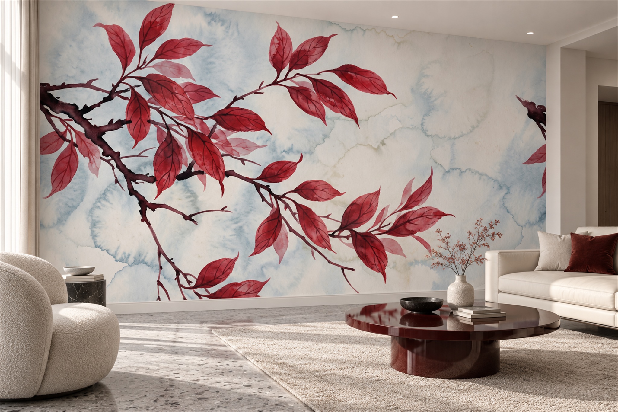 Red Leaf Botanical Wallpaper Mural Living-room-wallpaper-murals, Peel-and-stick Finish
