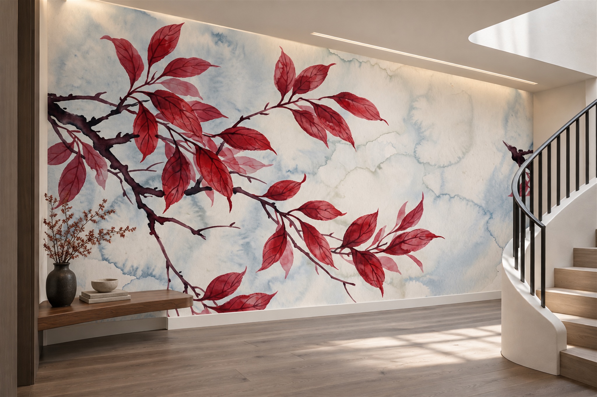 Red Leaf Botanical Wallpaper Mural Accent-wall-wallpaper-murals, Peel-and-stick Finish