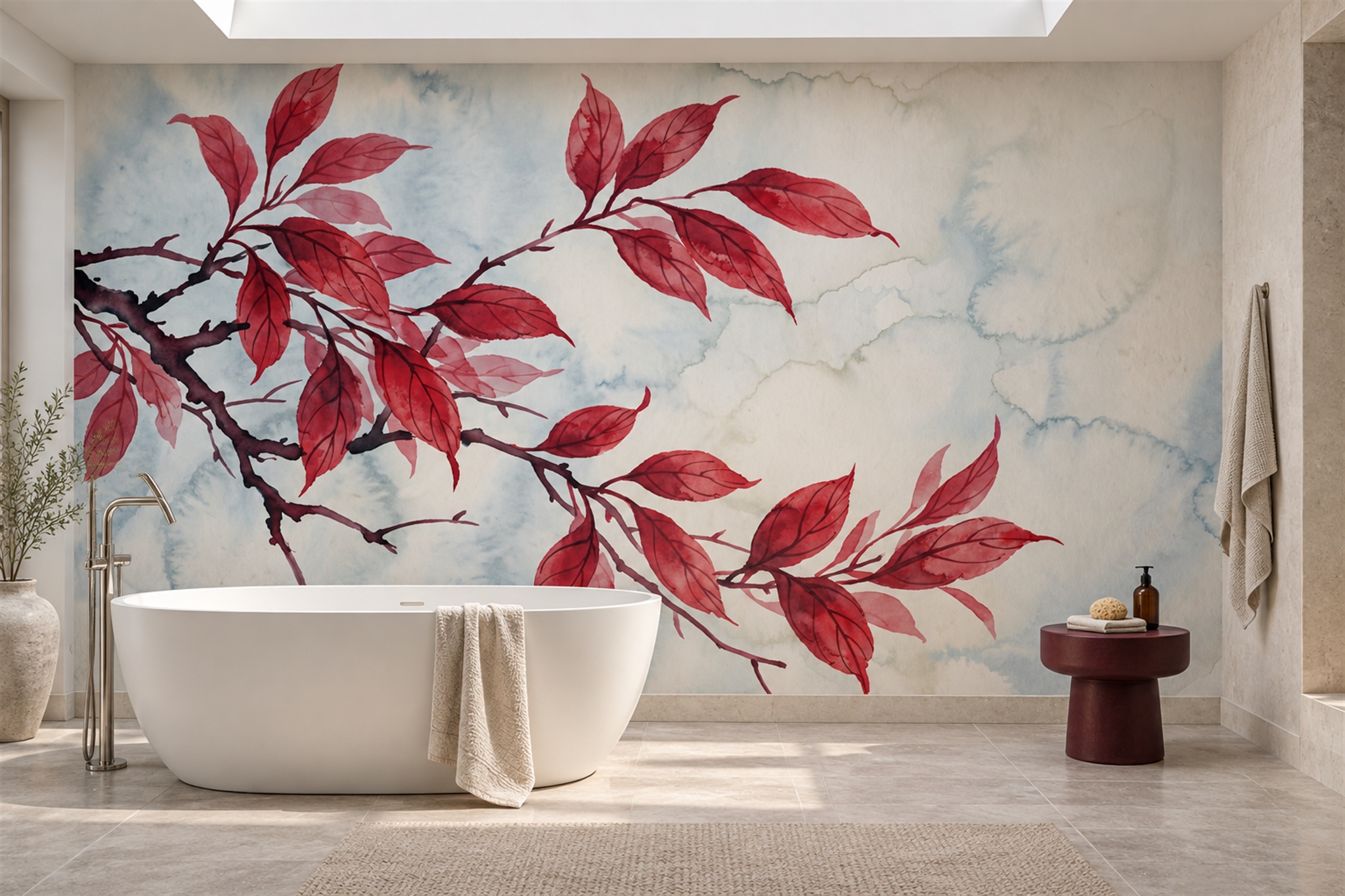 Red Leaf Botanical Wallpaper Mural Living-room-wallpaper-murals, Peel-and-stick Finish