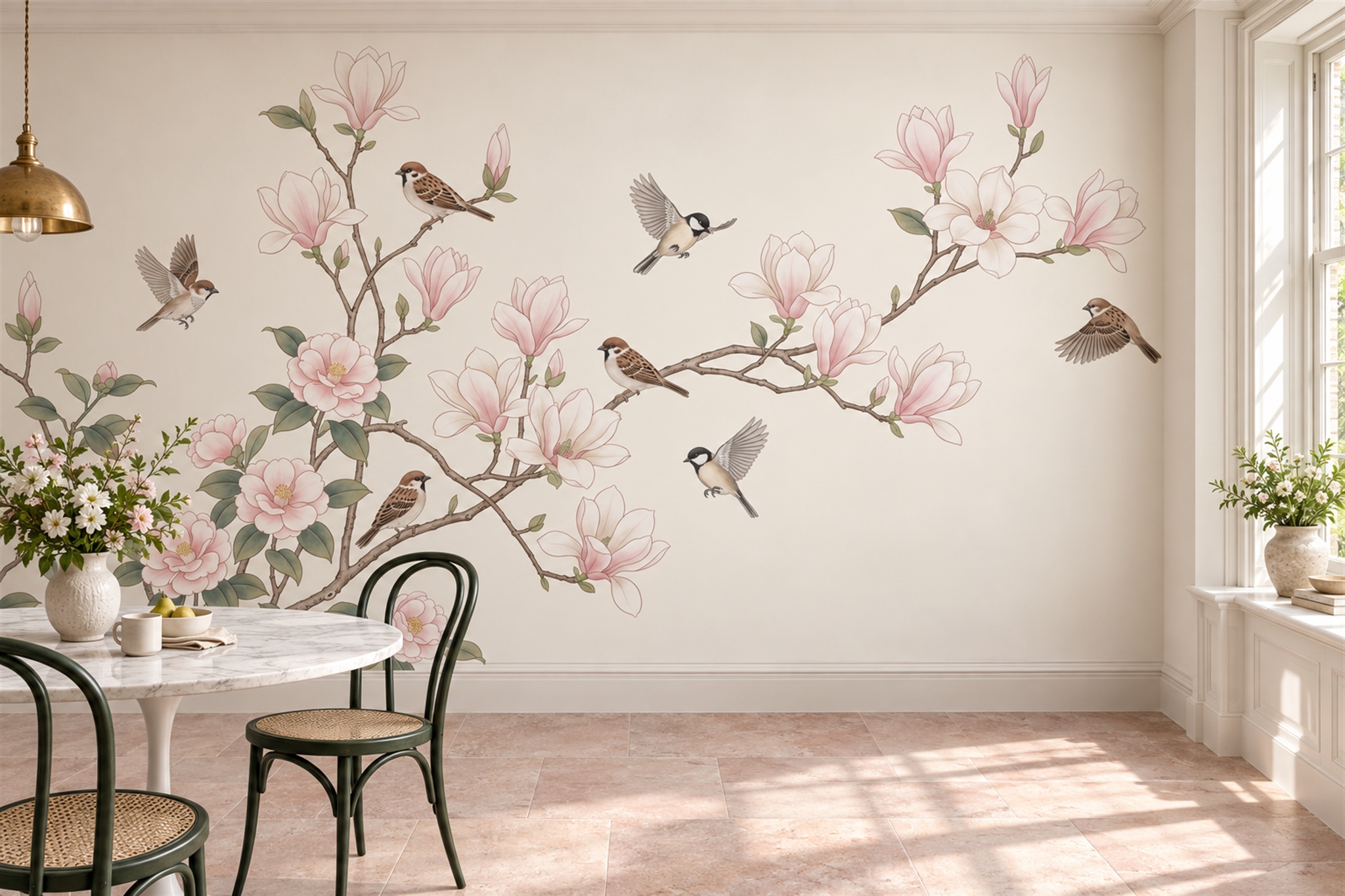 Pink Pattern Decorative Wallpaper Mural Layered Linear Wallpaper Mural Dining-room-wallpaper-murals, Shown In A Dining Room, Peel-and-stick Finish