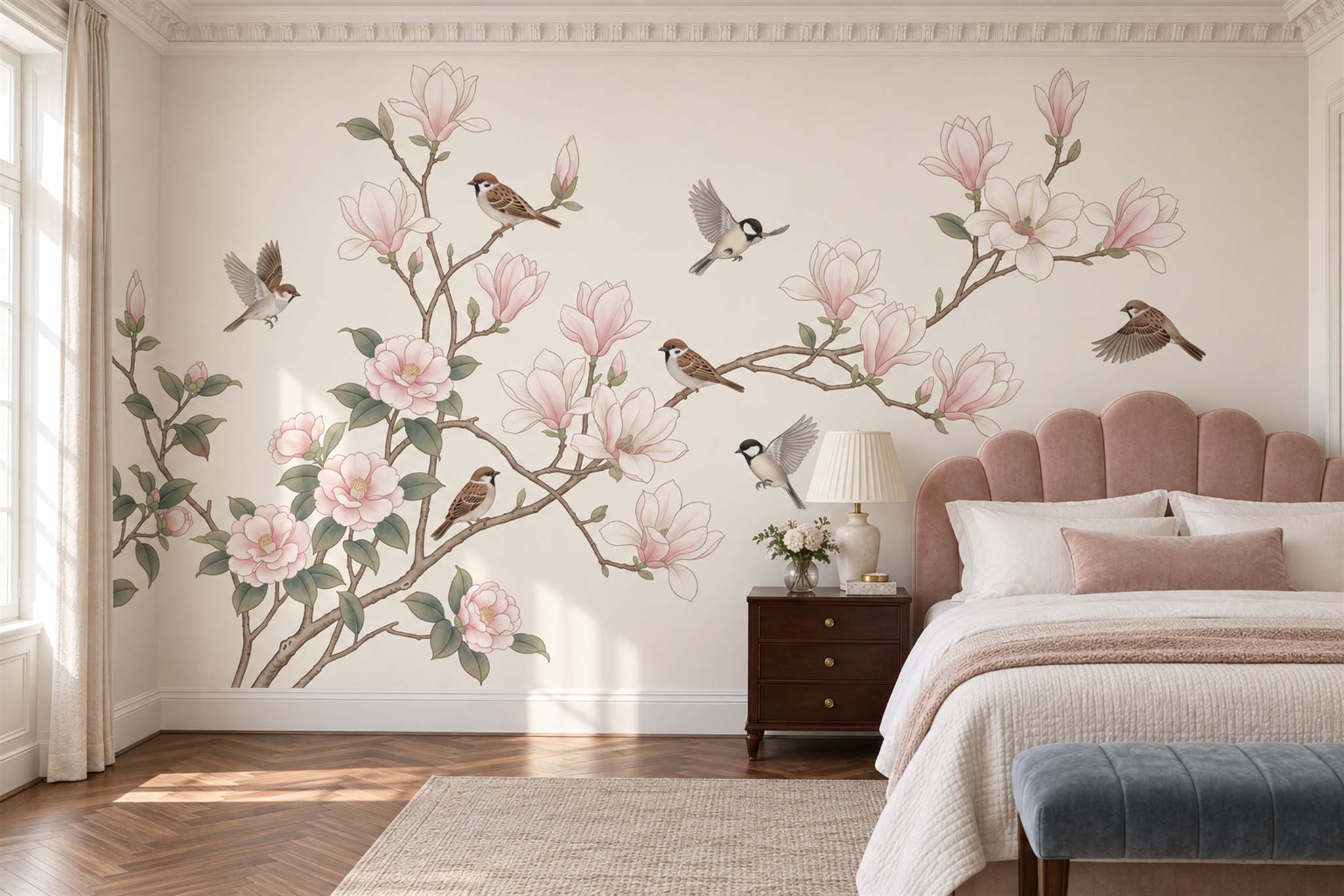 Pink Magnolias And Garden Birds Wallpaper Mural — Installed Wallpaper Mural In A Bedroom, Peel-and-stick Finish