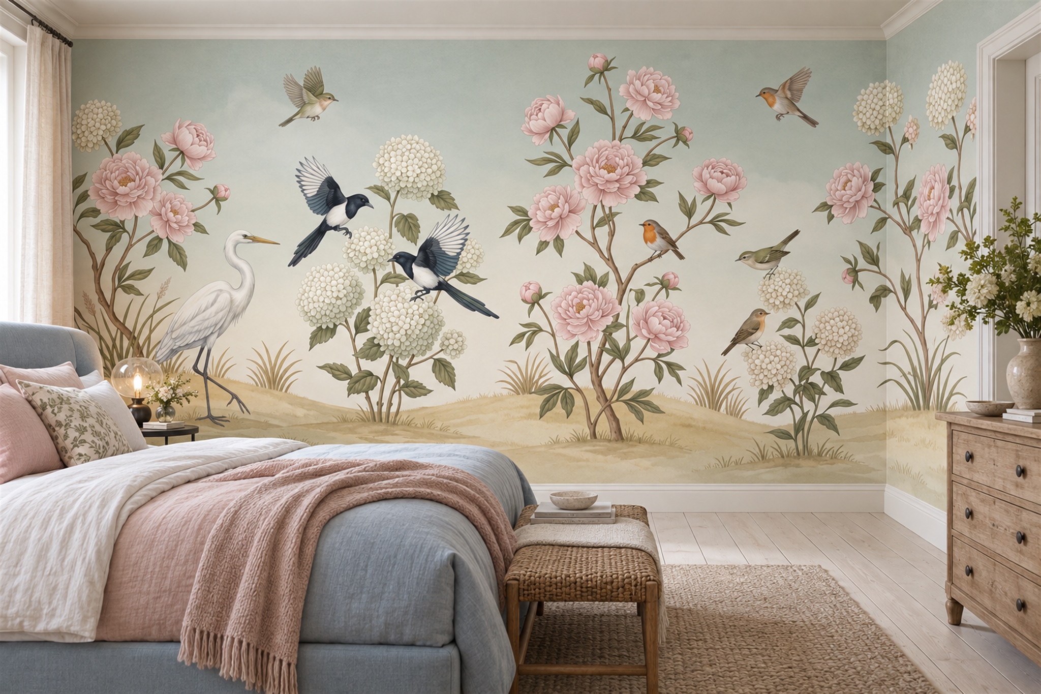Sage Botanical Branches With Birds And Pink Flowers Wallpaper Mural — Installed Wallpaper Mural In A Bedroom, Peel-and-stick Finish