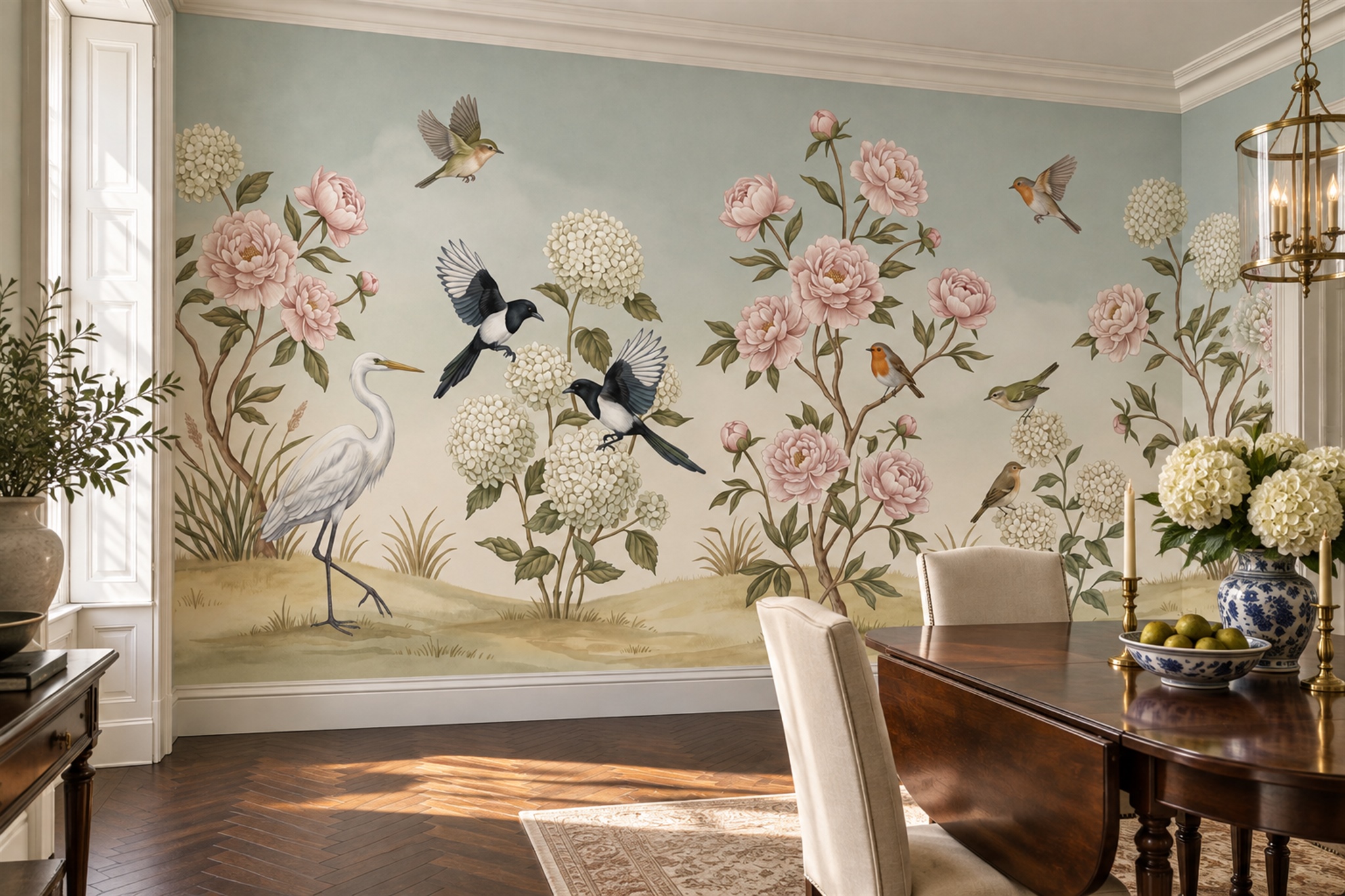 Sage Vintage Artful Floral Wallpaper Mural Dining-room-wallpaper-murals, Shown In A Dining Room, Peel-and-stick Finish