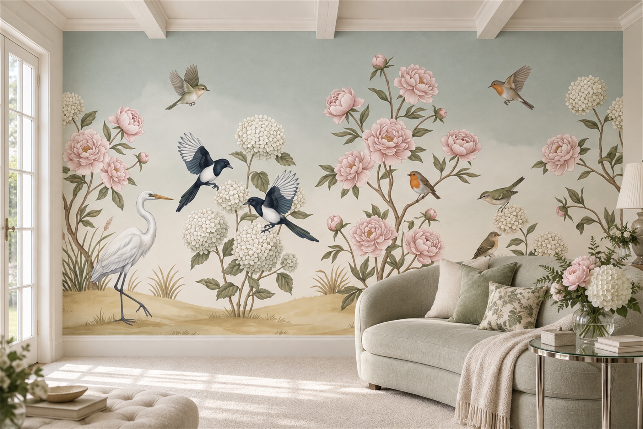 Sage Vintage Artful Floral Wallpaper Mural Accent-wall-wallpaper-murals, Peel-and-stick Finish