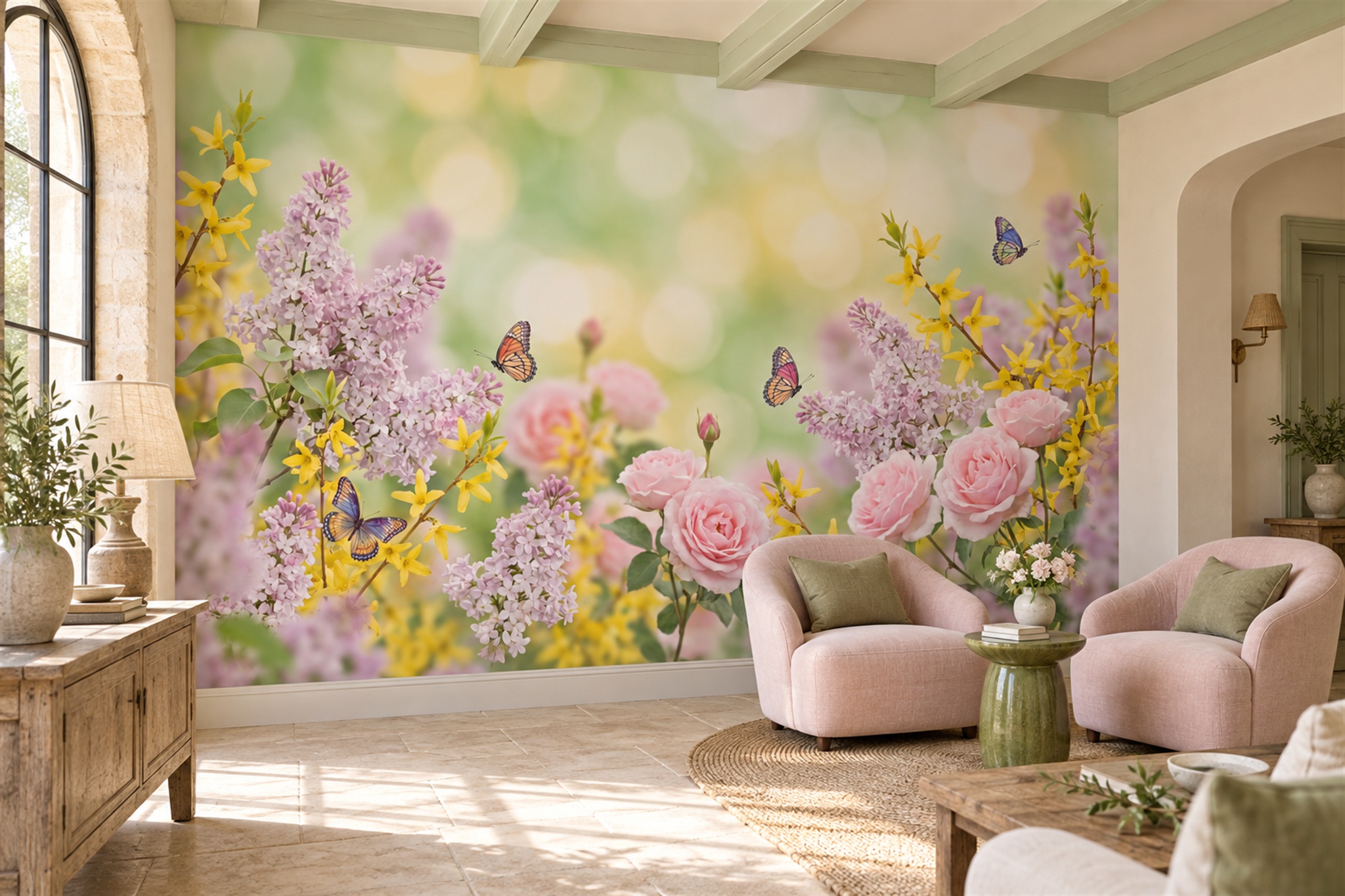 Pink Garden Roses And Butterflies Wallpaper Mural — Wallpaper Mural Design, Peel-and-stick Finish