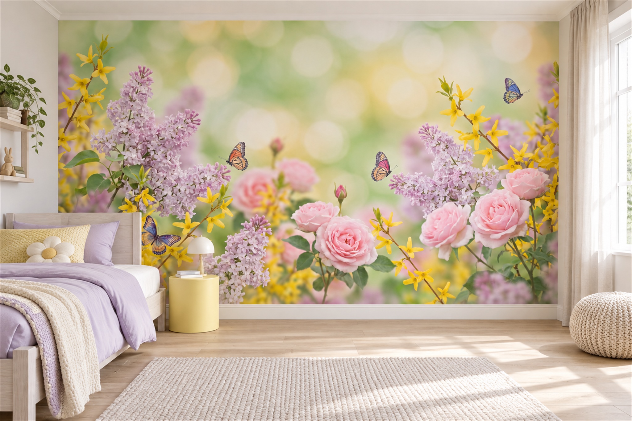 Pink Floral Botanical Atmospheric Wallpaper Mural Kids-room-wallpaper-murals, Peel-and-stick Finish