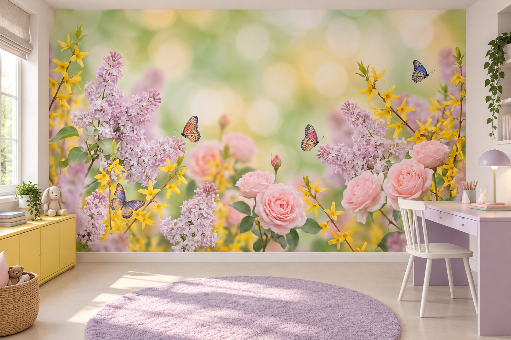 Pink Floral Botanical Atmospheric Wallpaper Mural Home-office-wallpaper-murals, Shown In A Home Office, Peel-and-stick Finish